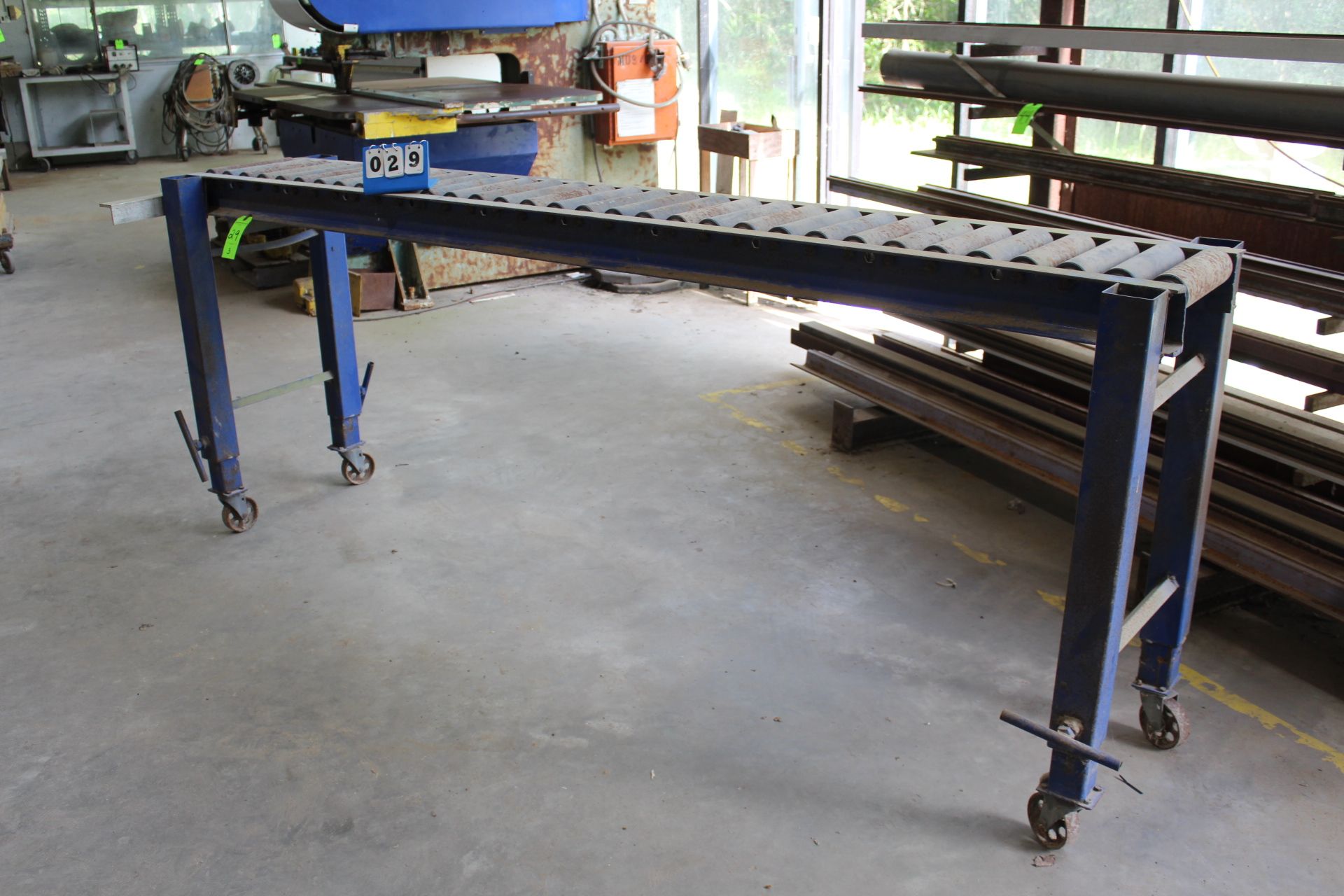 (3) Roller Conveyors; (2) 8'L x 14"W Adjustable Height on Casters, (1) Approx. 10'L x 12"W