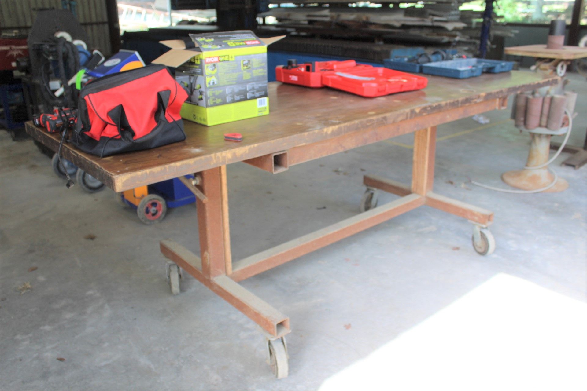 (4) Rolling Shop-Made Work Tables, Approx. 8'-8" x 3' x 38"H. TABLES ONLY, NO CONTENTS. - Image 2 of 3