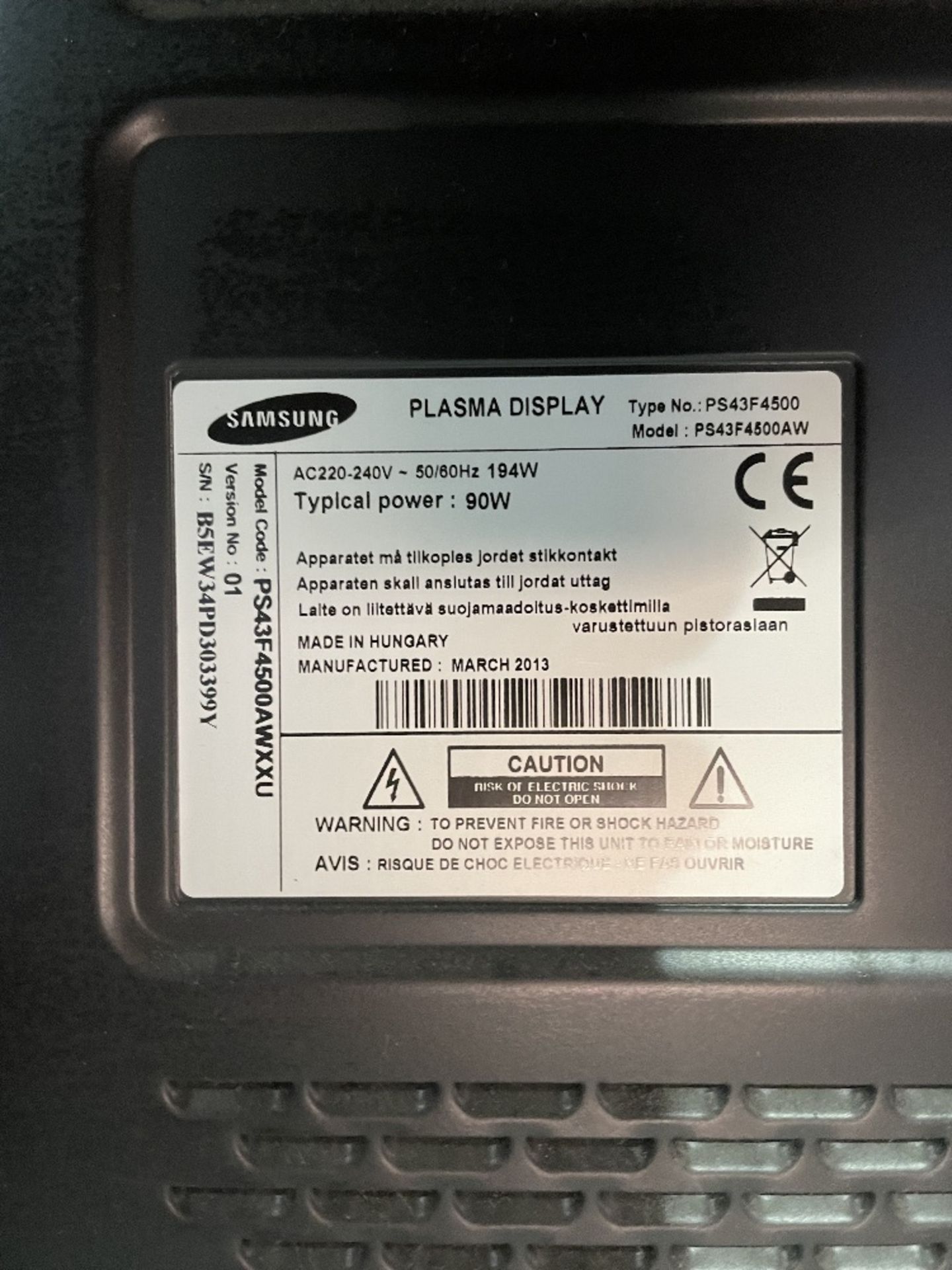Samsung PS43F4500AW 43" Plasma Television | ** NO REMOTE ** - Image 4 of 4