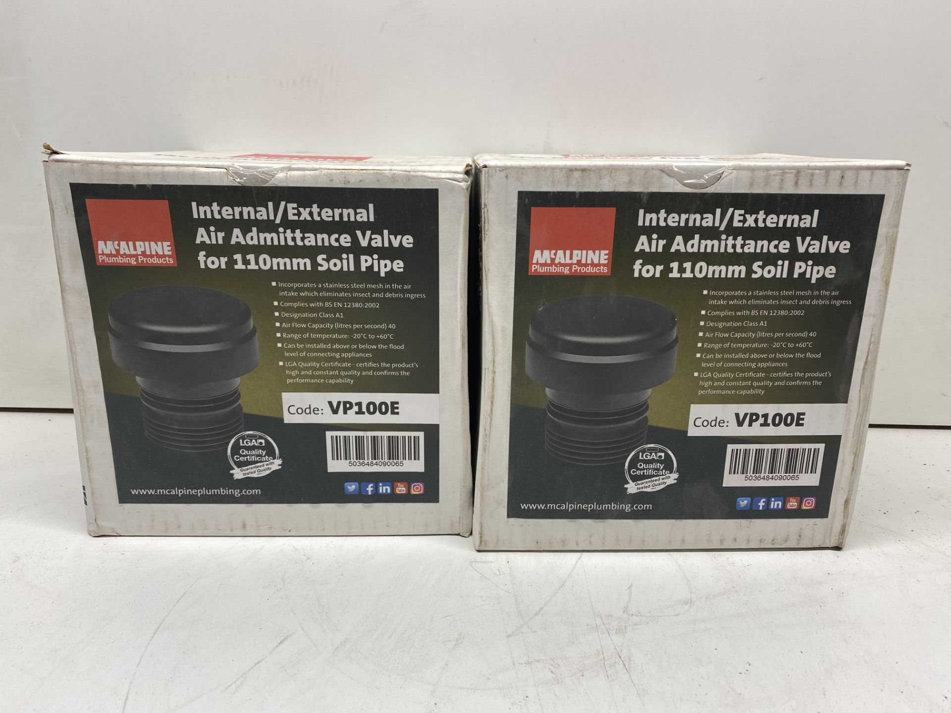 2 X McAlpine Ventapipe VP100E Internal /External Air Admittance Valve