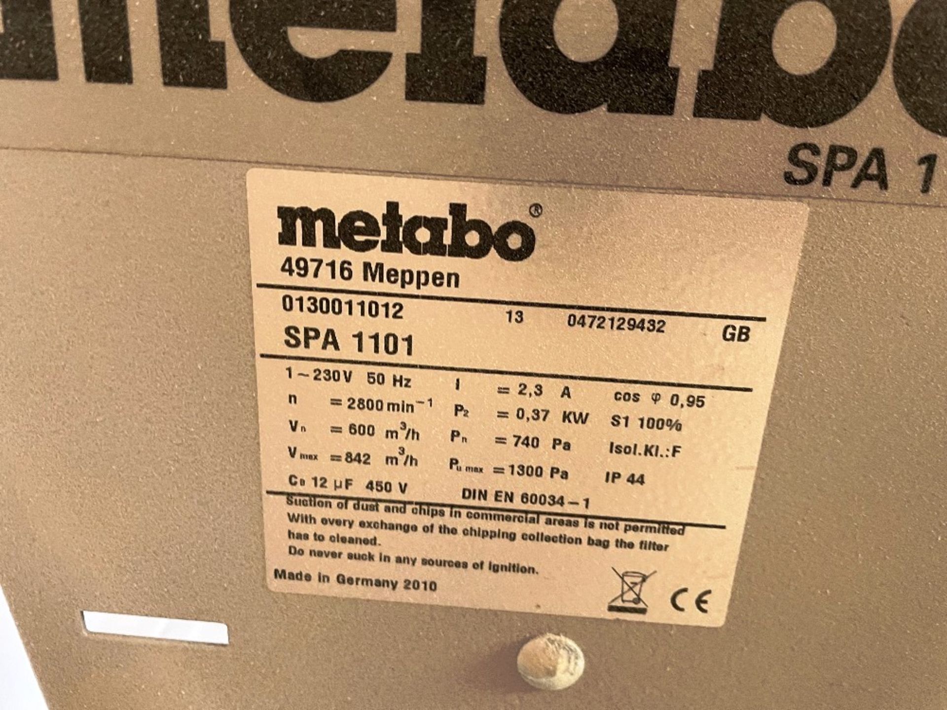 Metabo SPA 1101 Chip/Dust Extractor - Image 4 of 4