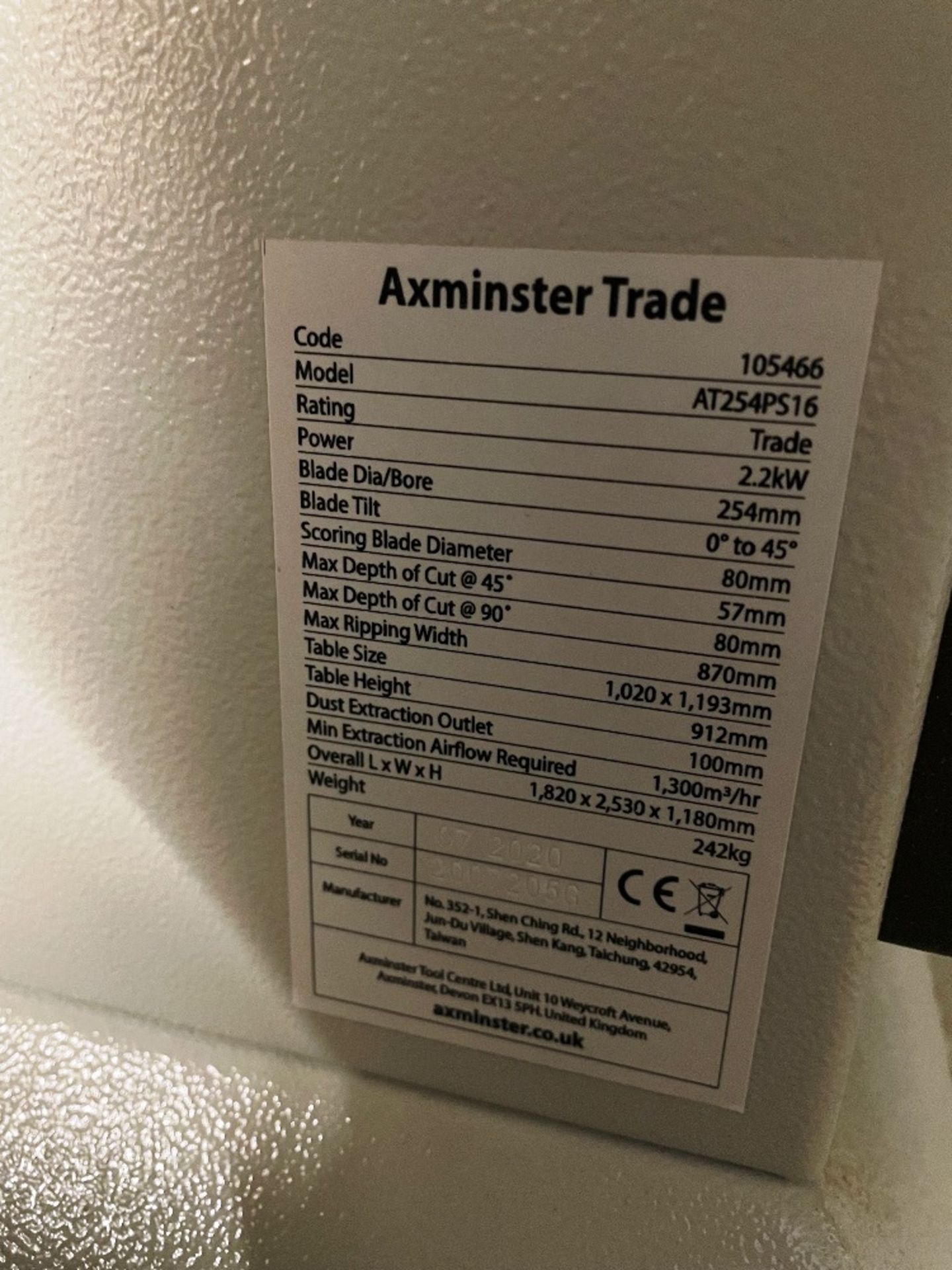 Axminster Trade AT254PS16 Panel Saw | YOM: 2020 - Image 4 of 9