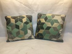 2 X Green Cushions with Geometric Pattern on Front