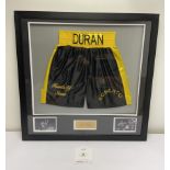 Roberto Duran Signed Boxing Trunks in Display Frame w/ COA