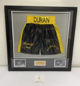 Roberto Duran Signed Boxing Trunks in Display Frame w/ COA