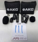 2 x AKG C430 Miniature Condenser Overhead Microphones w/ Clips, Pop Shields & Cases