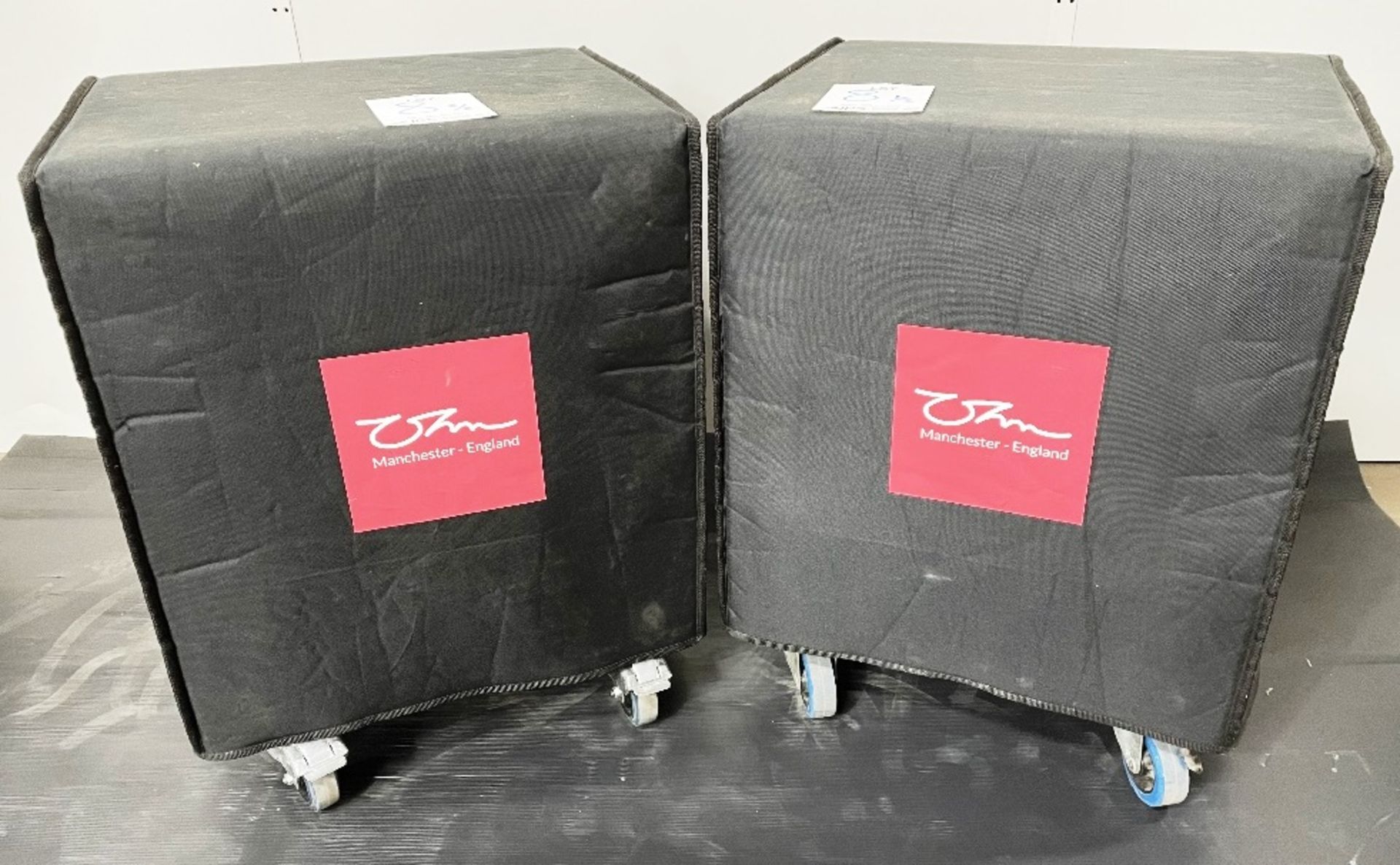 2 x Ohm Cora-S Subwoofers w/ Protective Covers & Touring Dollies *