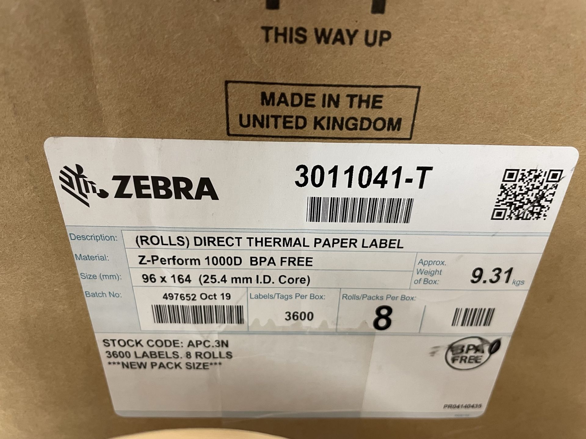 10 x Rolls of Zebra 3011041-T Thermal Paper Labels - Image 3 of 4