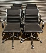 6 x Black Faux Leather Wheeled Office Chairs