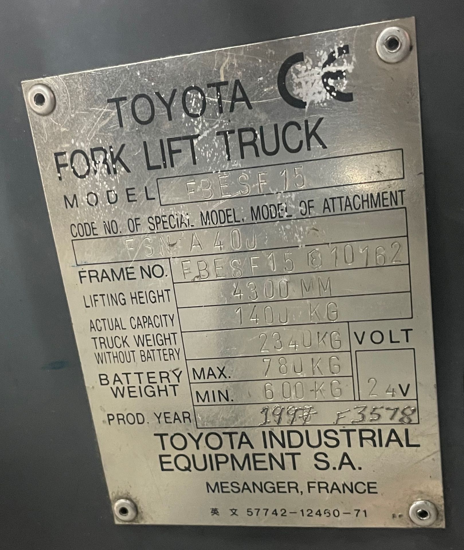 Toyota FBESF15 1.5t Electric Forklift Truck w/ Tebetron E Charger | YOM: 1997 | 6,409 Hours - Image 12 of 12