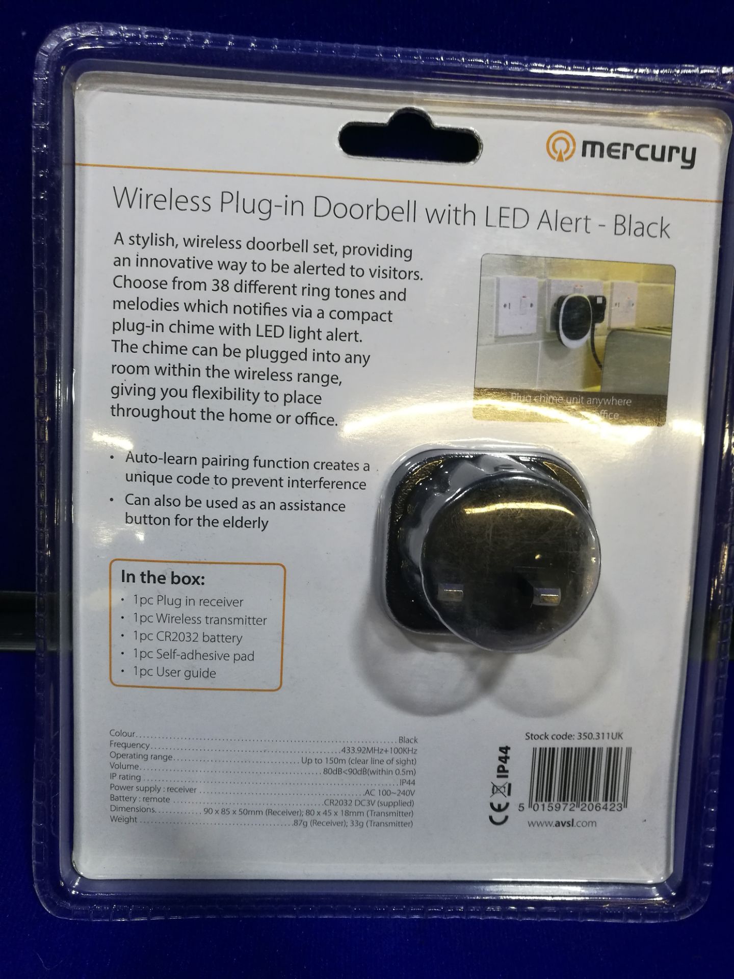 Mercury Single Receiver Wireless Doorbell with LED Alert - Black - 350.311UK - Image 2 of 2
