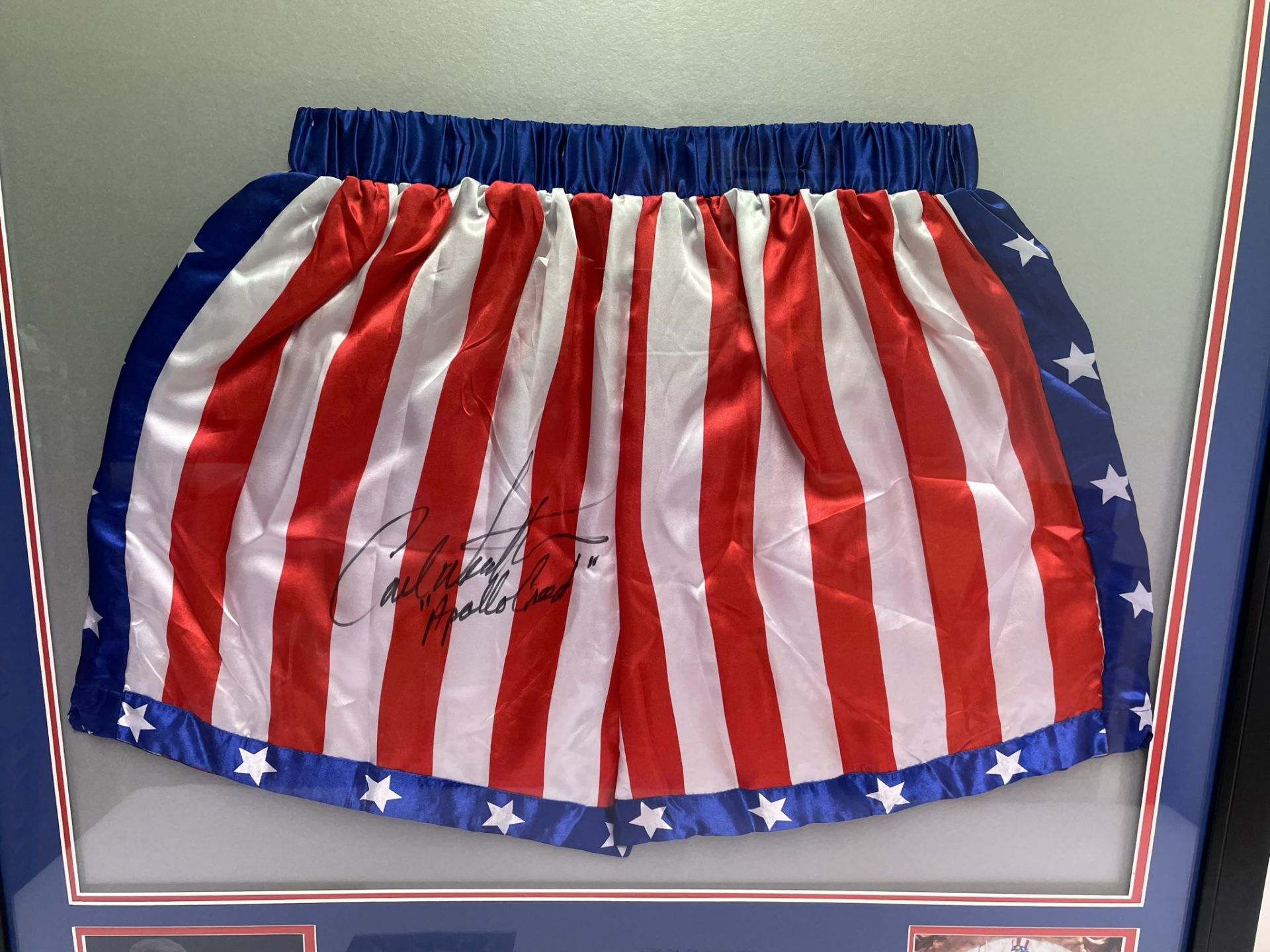 Carl Weathers/Apollo Creed Signed Boxing Trunks in Display Frame w/ COA - Image 2 of 7