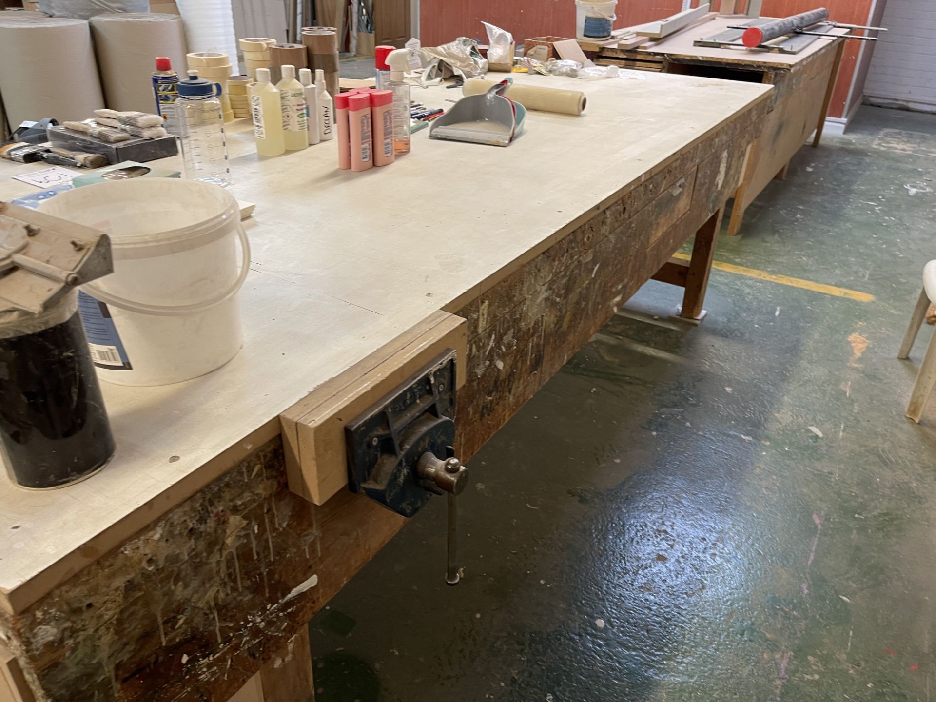 Large Wooden Workbench w/ 2 x Vices | Contents not included - Image 2 of 2