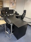 Metal Framed Curved Wooden Office Desk w/ Pedestal Unit, Operator Chair & Partition