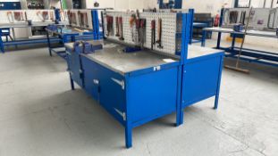 2 x Metal Workbenches w/ 2 x Mechanical Vices & Under Cupboards | 200cm x 75cm x 135cm