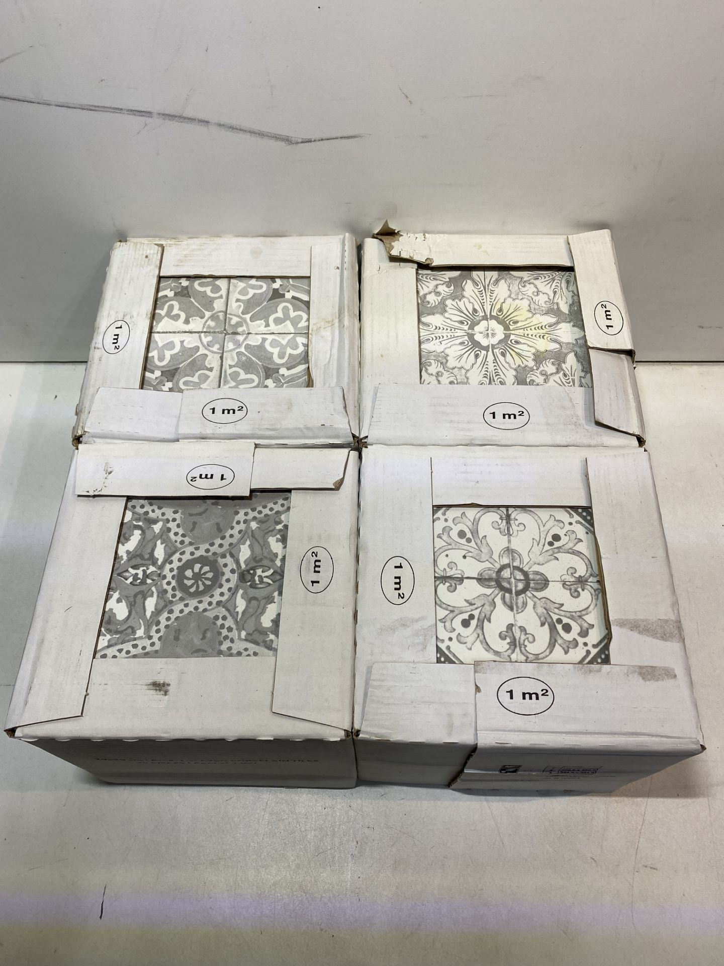 4 x Boxes Of Nikea Sephia Matt Grey Mixed Pattern Wall & Floor Tiles, 20cm x 20cm, 25 Per Box - See