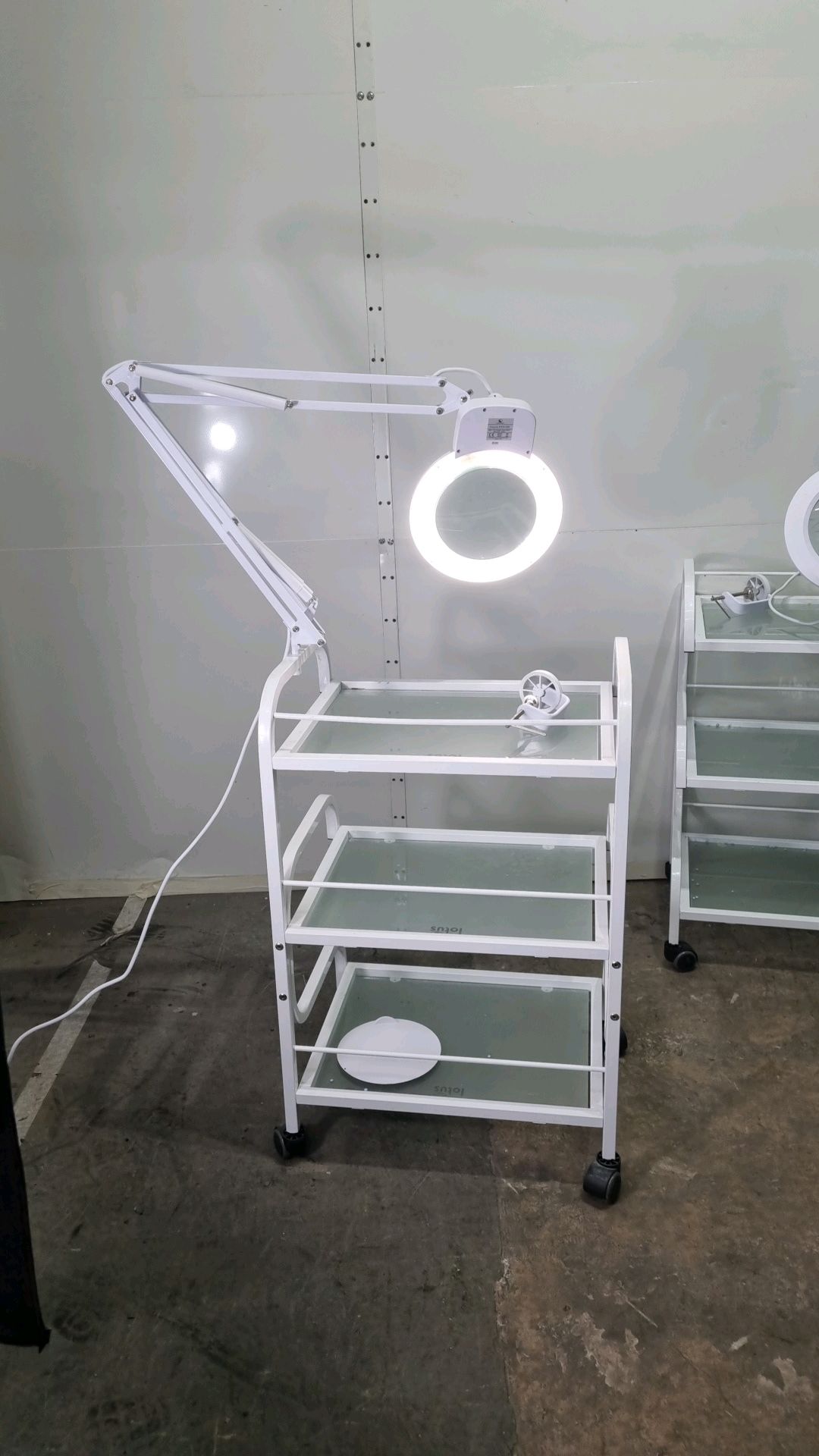 2 x Adjustable Magnifying Lights w/ White 3 Shelf Manicurists Trolleys - Image 3 of 4