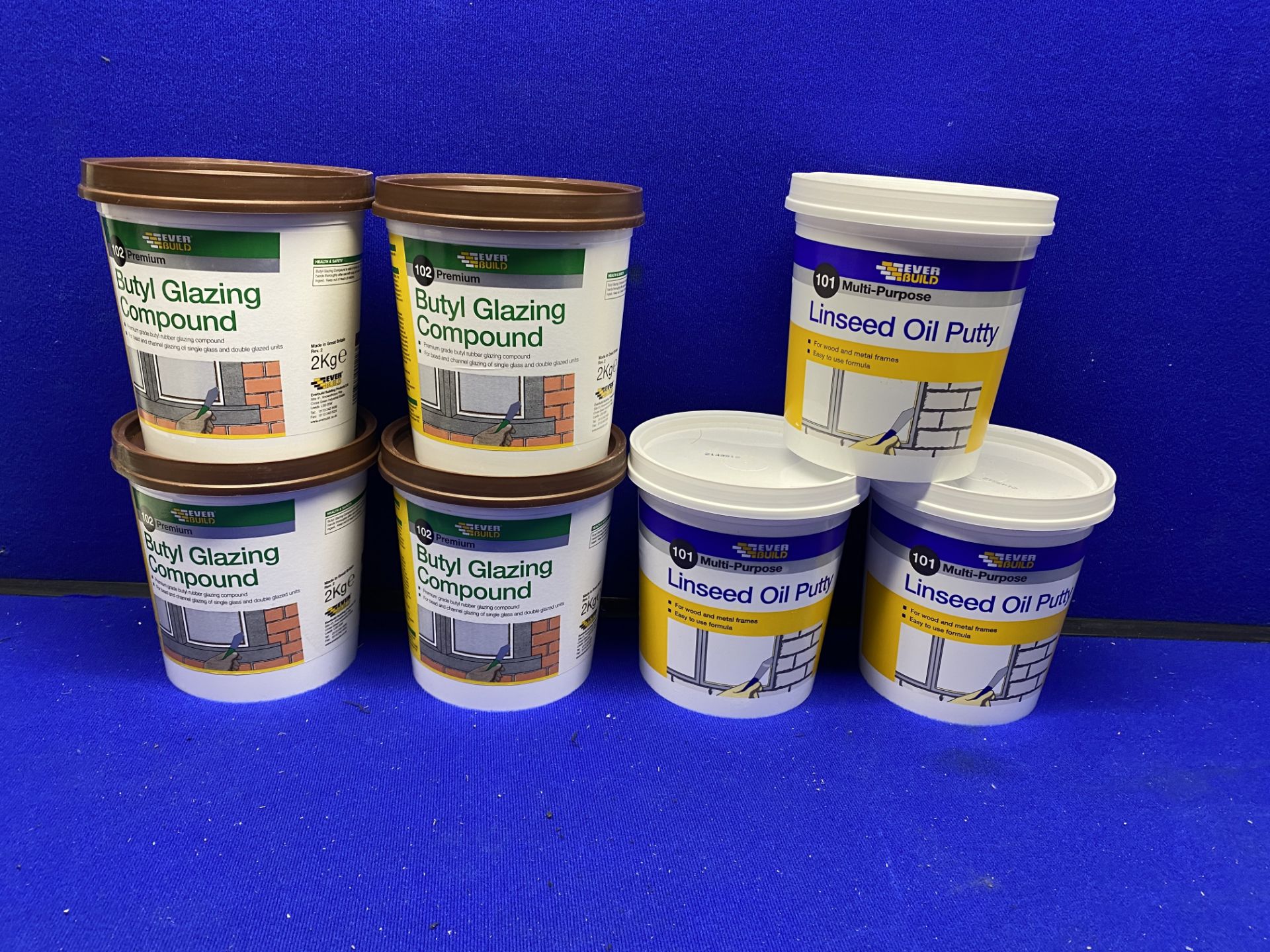 Mixed Lot Of 2kg Tubs Of Everbuild Butyl Glazing Compound & Linseed Oil Putty - See Description