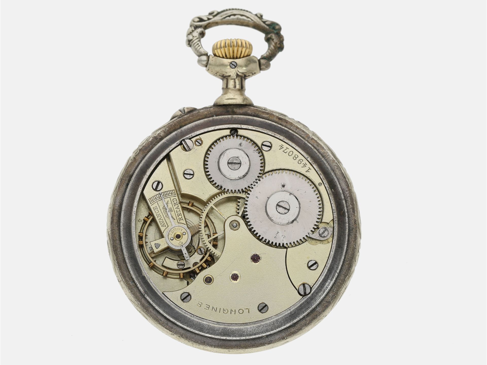 Taschenuhr: dekorative Longines Jugendstil-Taschenuhr, Reliefuhr mit Jagdmotiv, um 1910: Ca. Ø50mm,  - Bild 3 aus 3