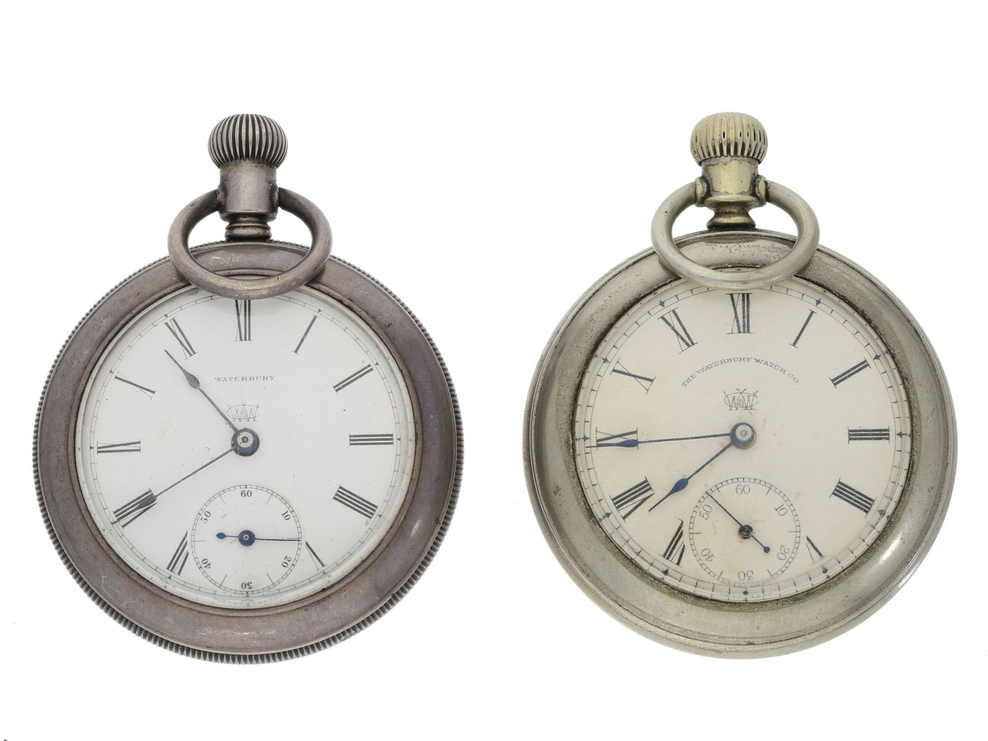 Taschenuhr: 2 seltene amerikanische Waterbury Taschenuhren mit Duplexhemmung, 19. Jh.: 1. ca. Ø52mm,