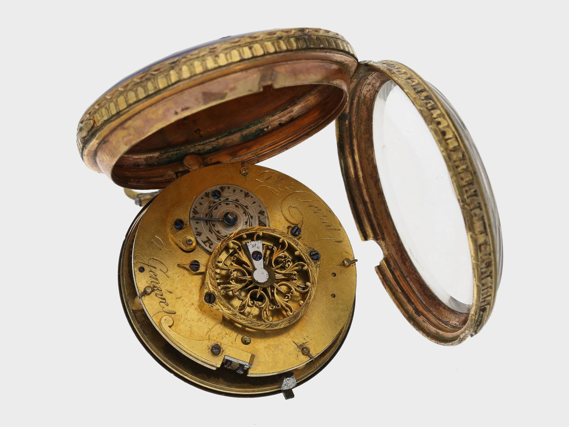 Taschenuhr: große Genfer Emaille-Spindeluhr, um 1780, signiert Ph. Terrot Geneve, bedeutender Uhrmac - Bild 4 aus 5