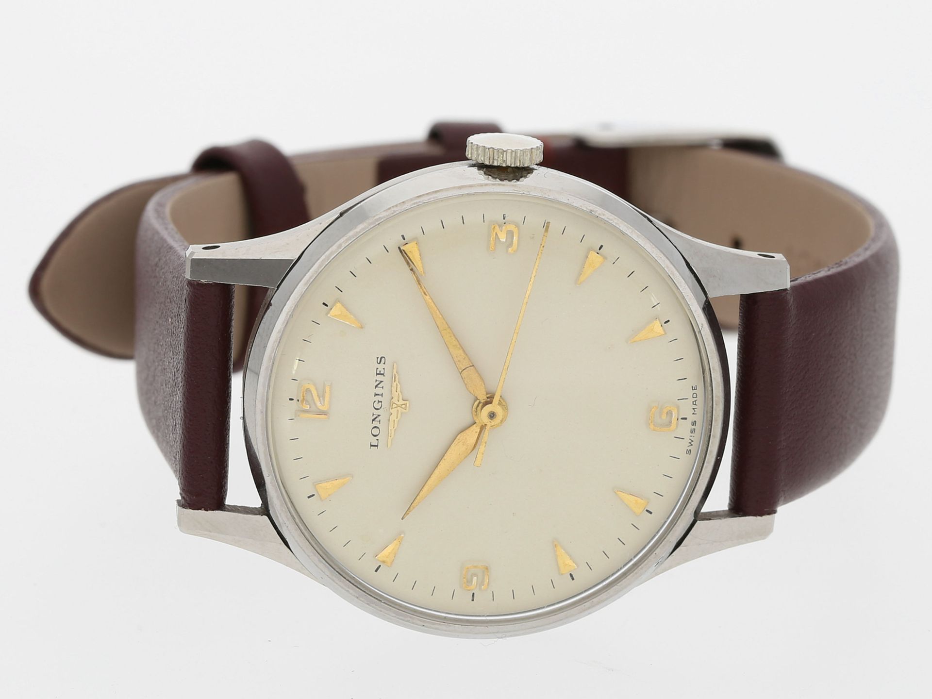 Armbanduhr: sehr schöne vintage Edelstahl Herrenarmbanduhr von Longines, Kaliber 27MS, 1950er-Jahre: