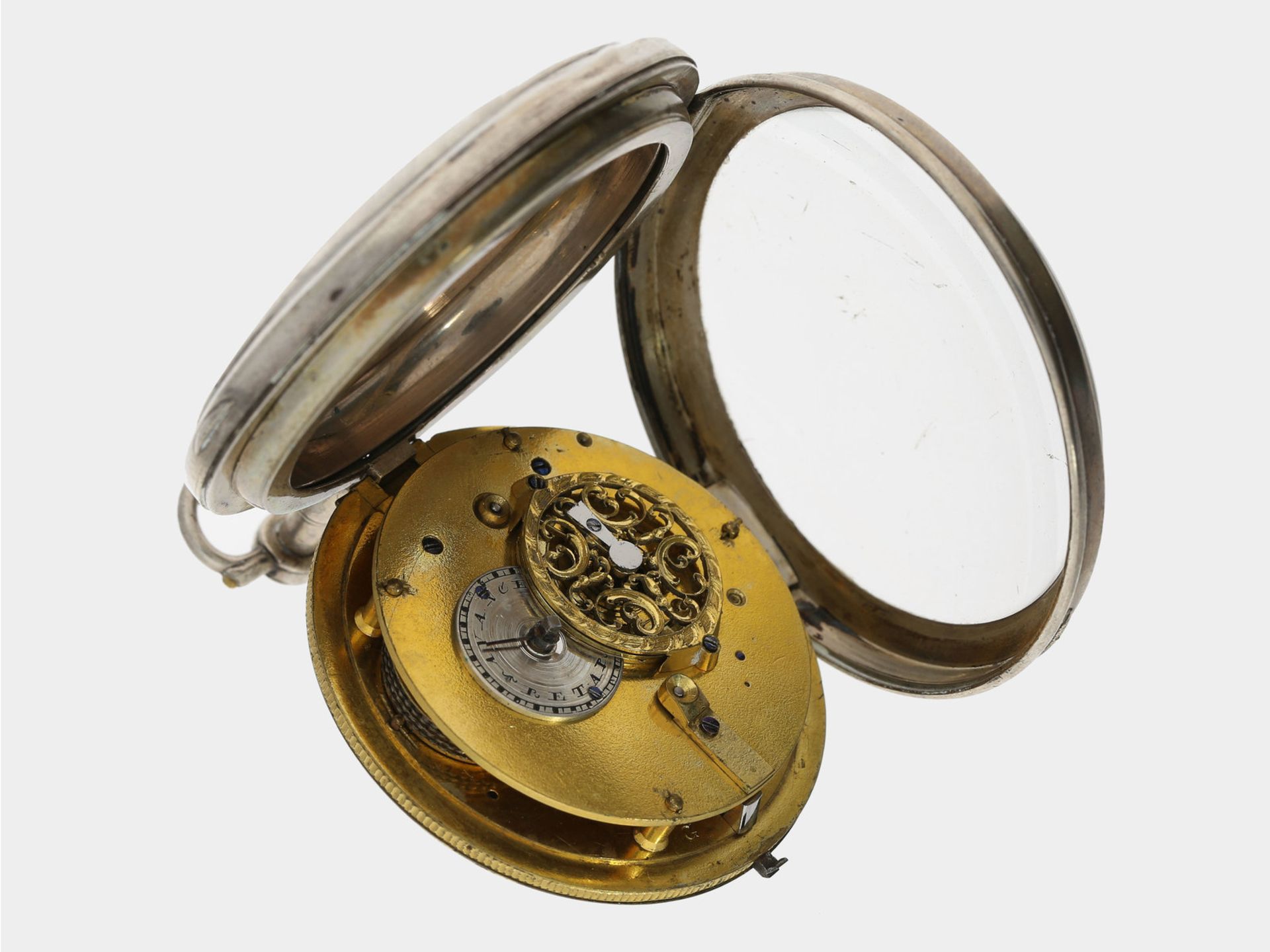 Taschenuhr: interessante Spindeluhr mit Wecker auf Glocke, ca. 1800: Ca. Ø58mm, ca. 137g, Silbergehä - Bild 2 aus 2