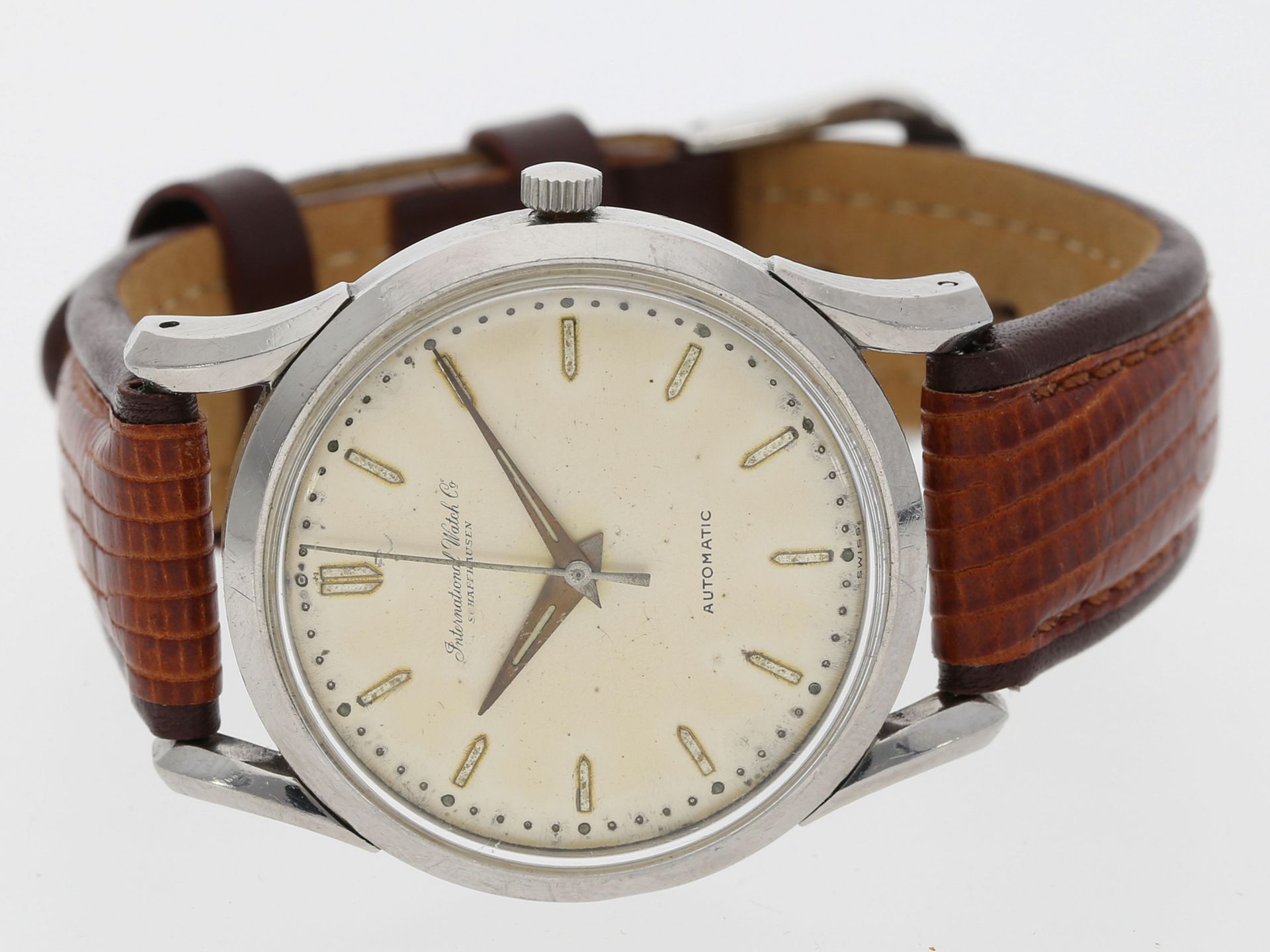 Armbanduhr: große, automatische vintage Herrenarmbanduhr in Edelstahl, IWC Schaffhausen, um 1960: Ca