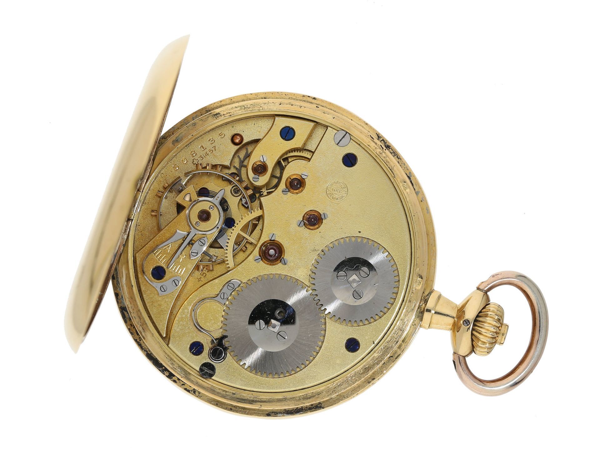 Taschenuhr: massive 18K Goldsavonnette mit feinem Präzisionswerk, IWC Schaffhausen, ca. 1914: Ca. Ø4 - Bild 2 aus 2