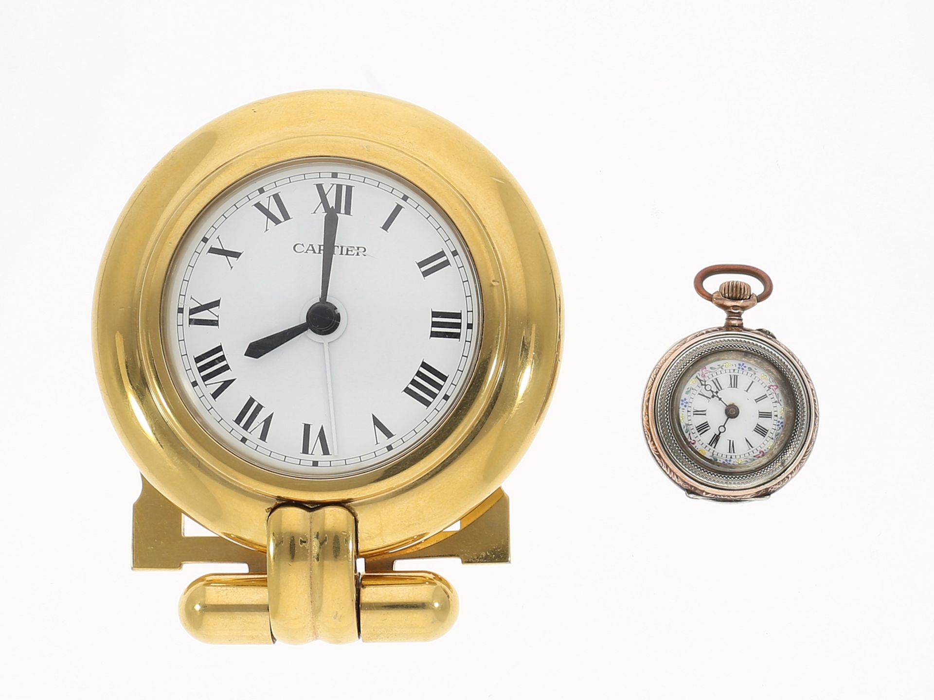 Tischuhr/Taschenuhr: Konvolut aus vintage Cartier Tischuhr und antiker Taschenuhr: 1. Cartier Tischu