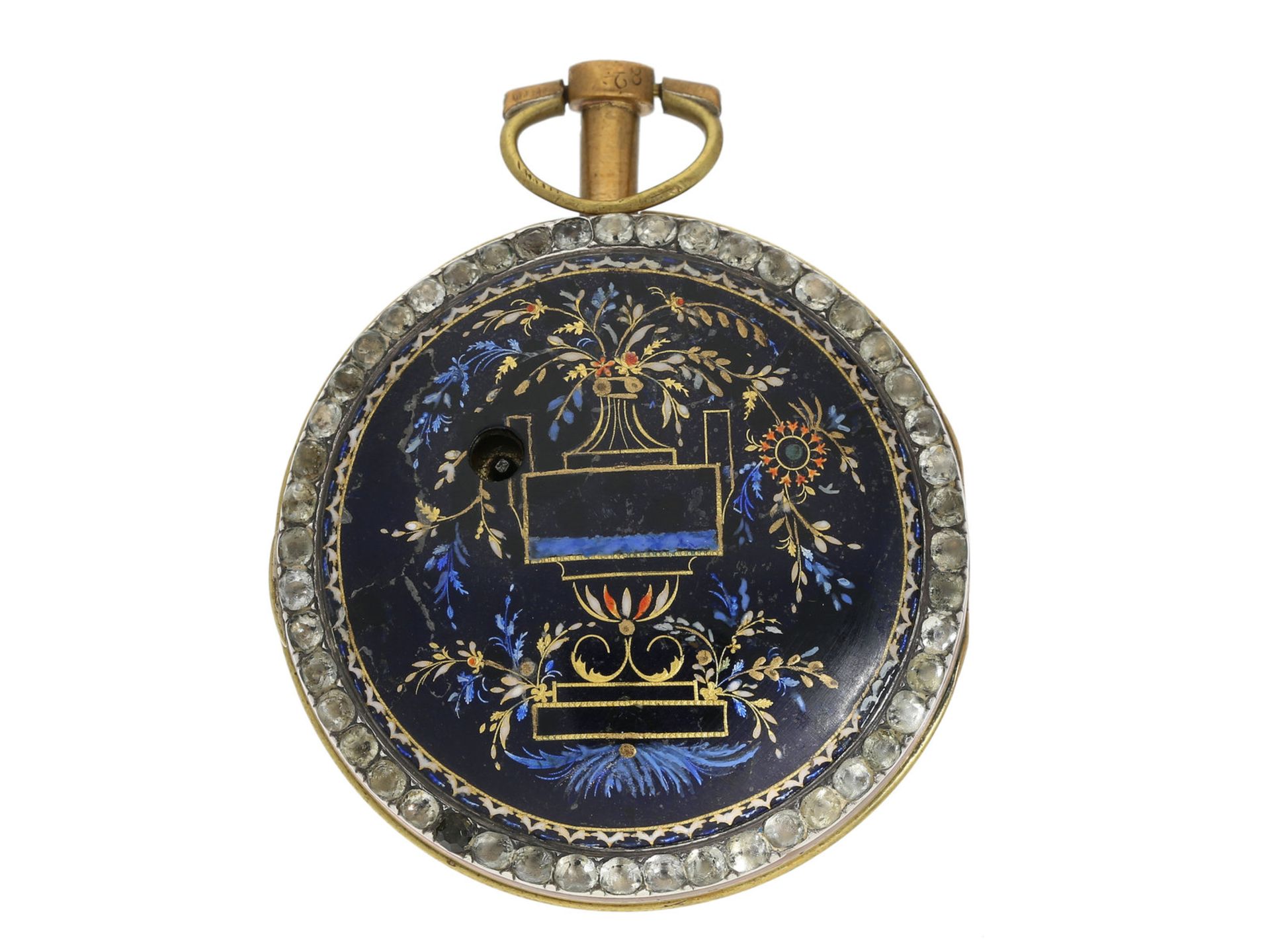 Taschenuhr: schöne und große Emailleuhr mit auffallend großem Steinbesatz, für den englischen Markt, - Bild 3 aus 4