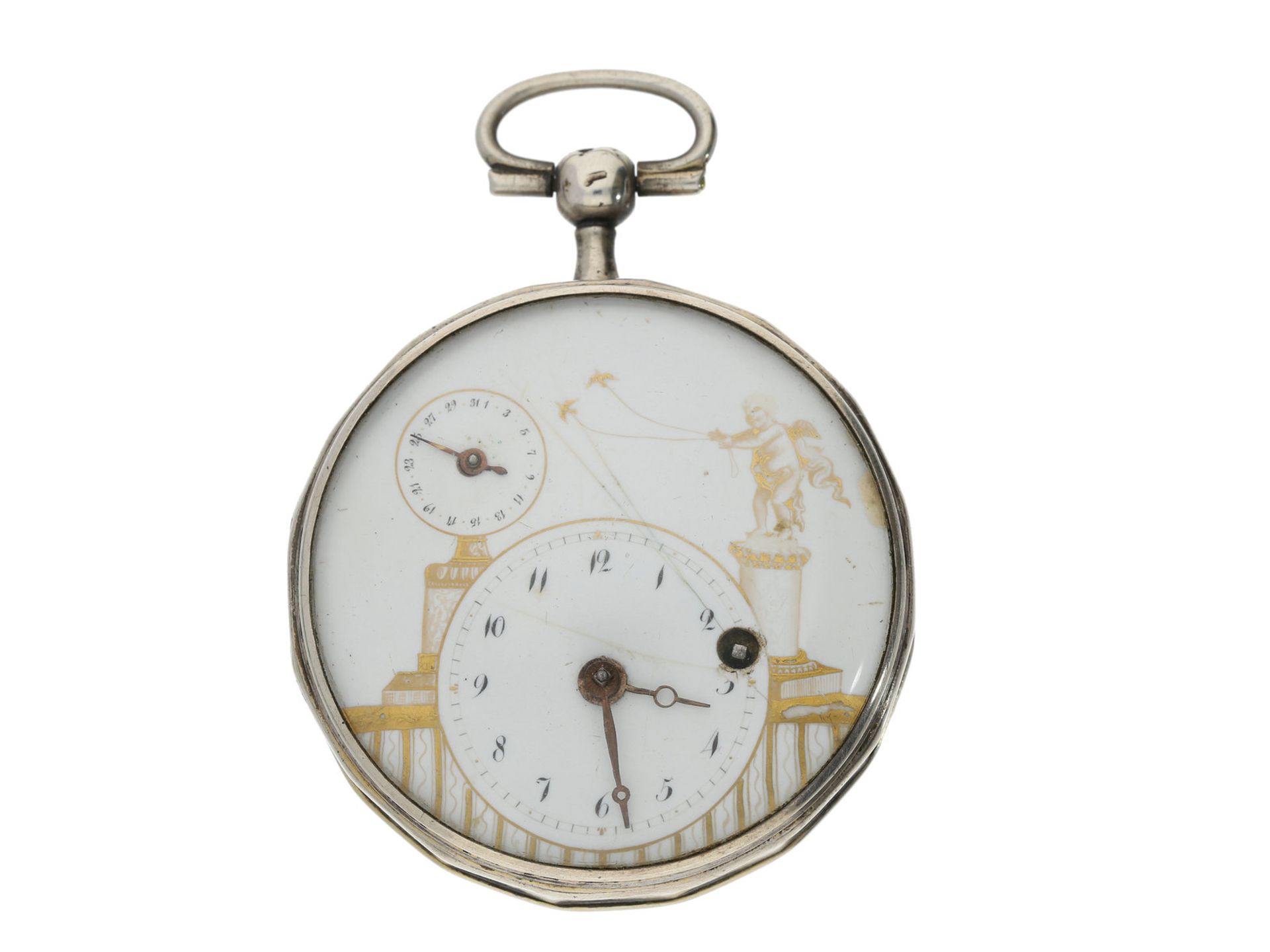 Taschenuhr: außergewöhnliche silberne französische Spindeluhr mit dezentraler Datumsanzeige, ca. 182