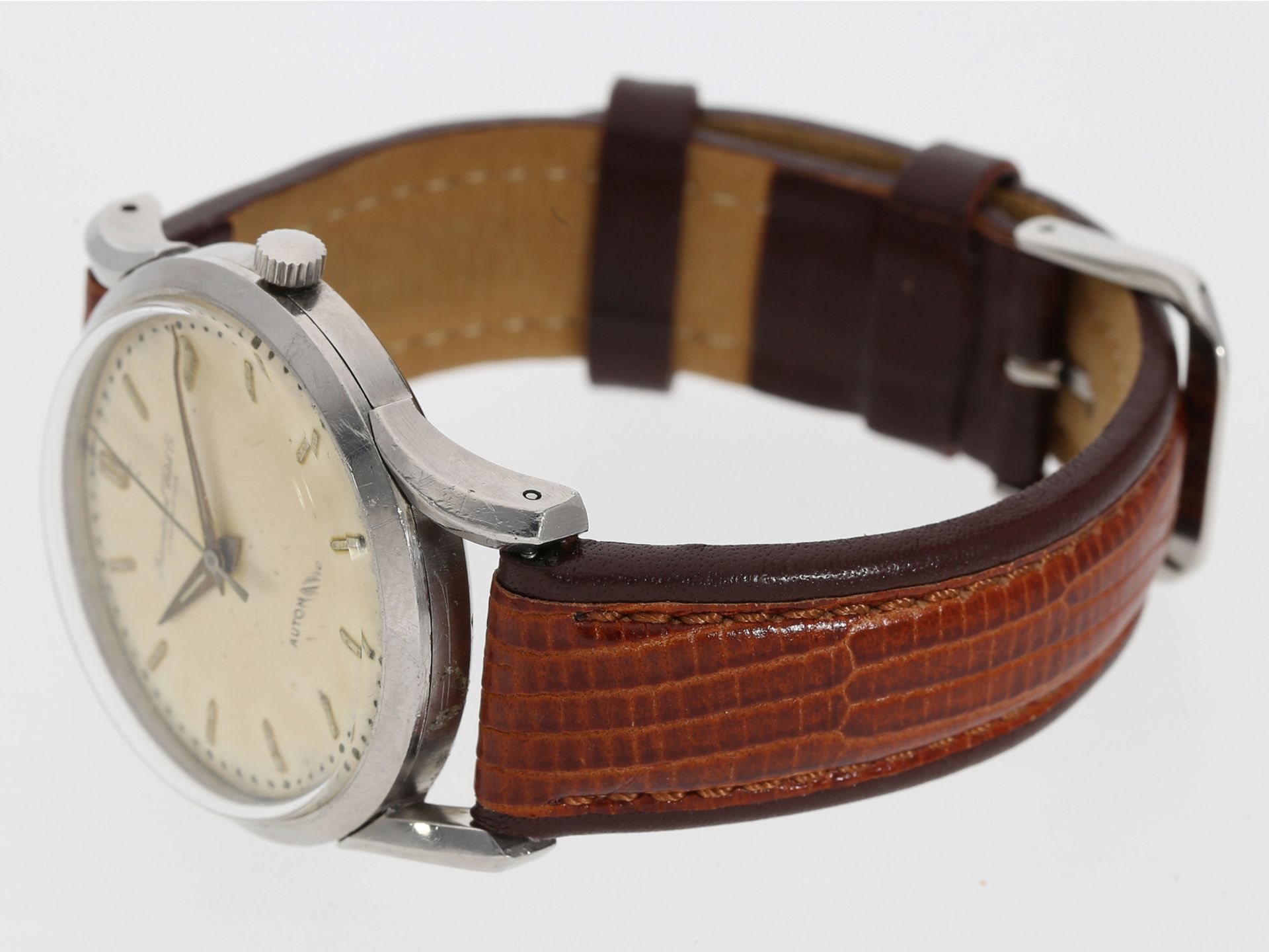 Armbanduhr: große, automatische vintage Herrenarmbanduhr in Edelstahl, IWC Schaffhausen, um 1960: Ca - Bild 2 aus 3
