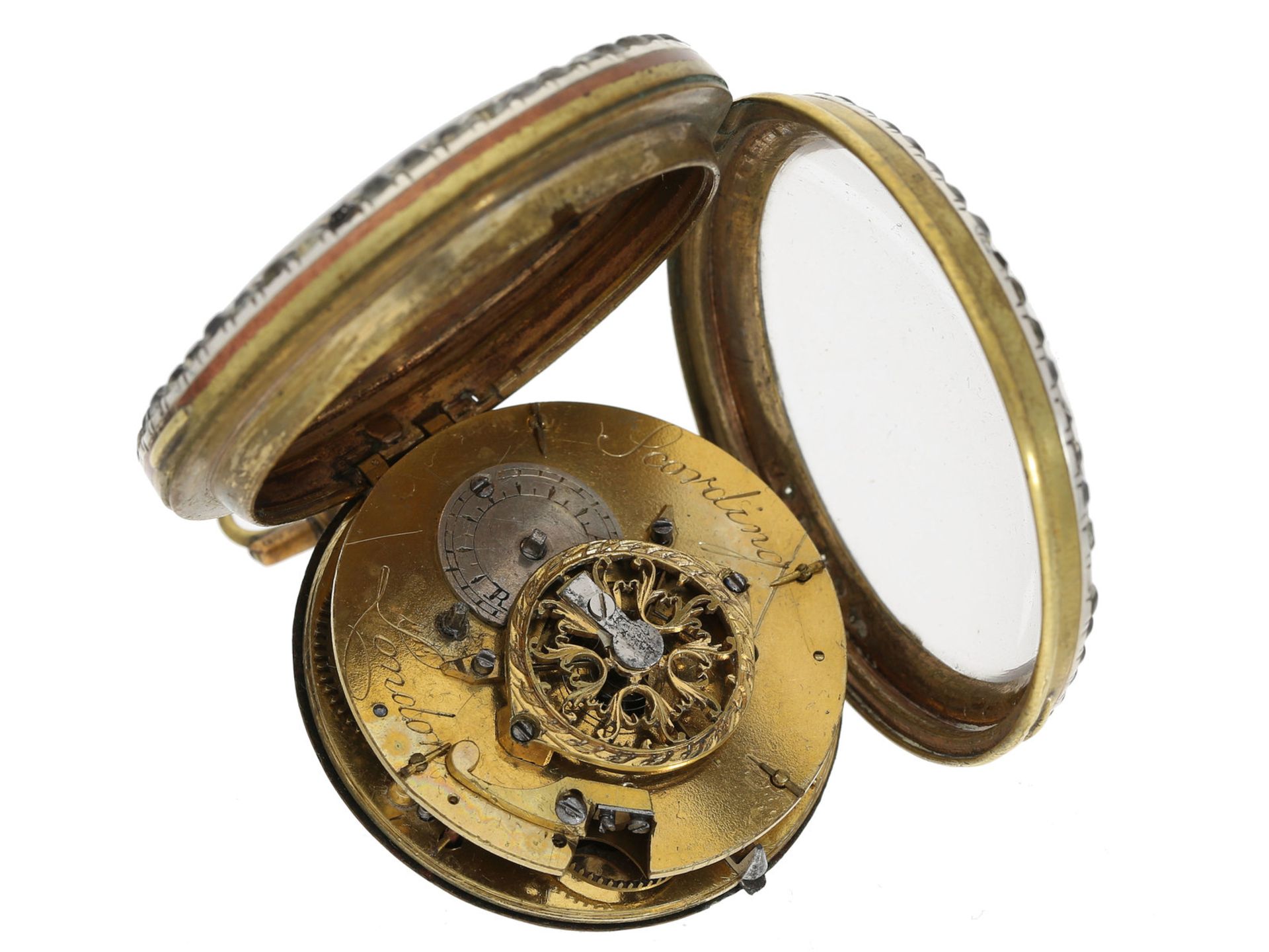 Taschenuhr: schöne und große Emailleuhr mit auffallend großem Steinbesatz, für den englischen Markt, - Bild 4 aus 4
