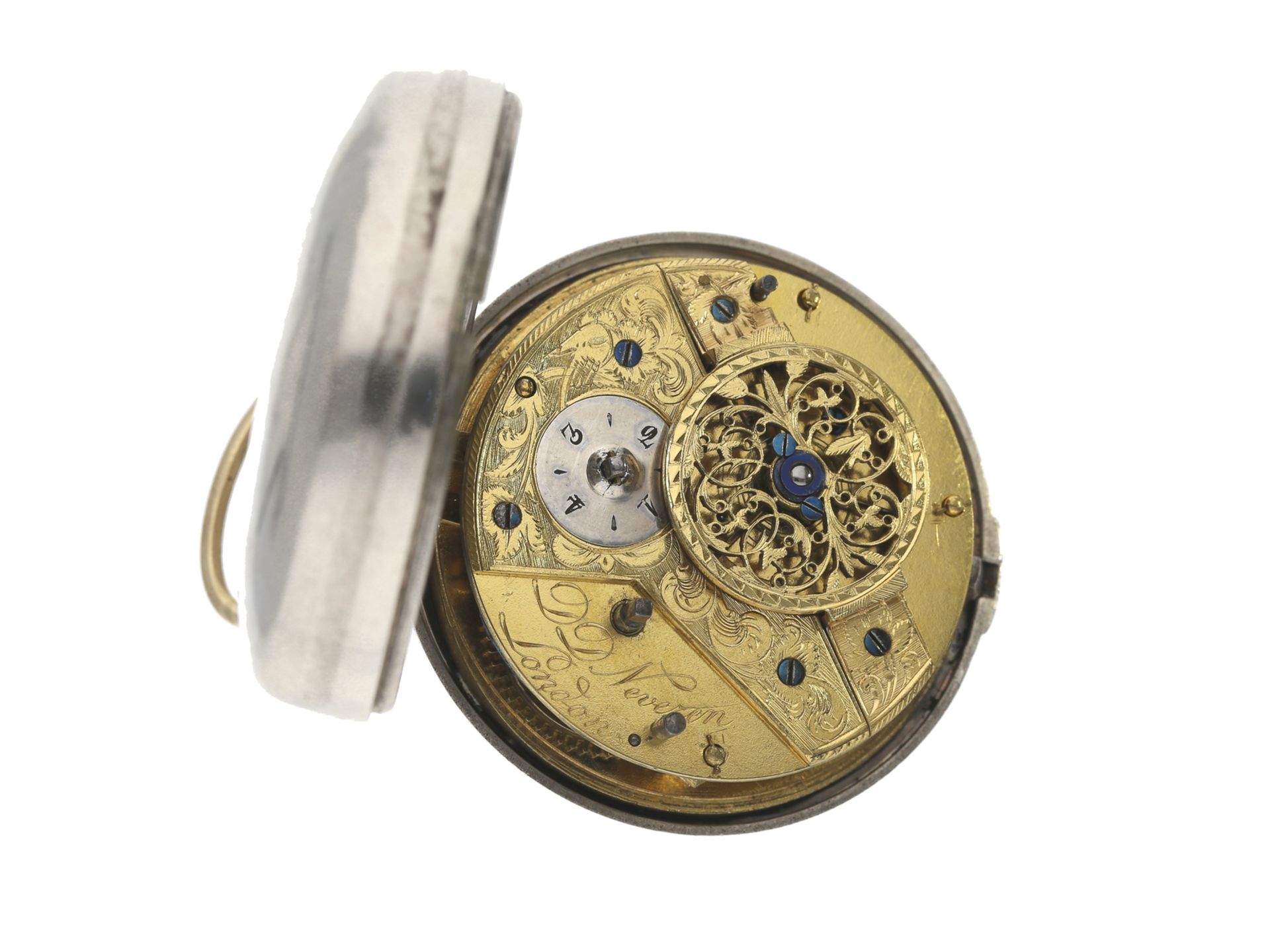 Taschenuhr: englische Doppelgehäuse-Spindeluhr, D.D. Neveren London, um 1805: Ca. Ø60mm, ca. 145g, D - Bild 2 aus 3