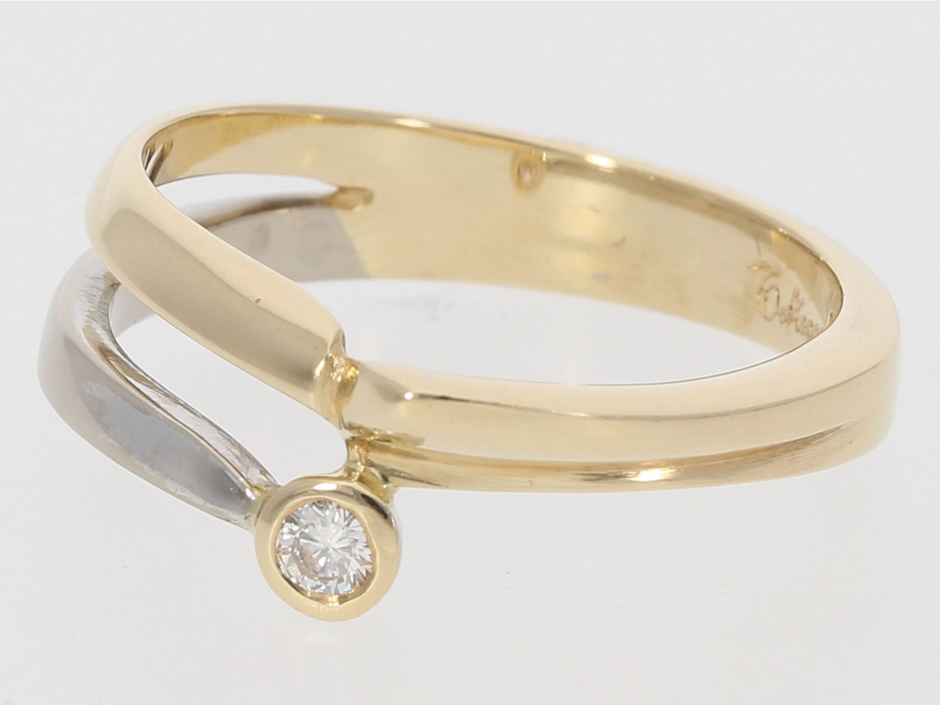 Ring: attraktiver vintage Bicolor-Brillantring, 14K Gold: Ca. Ø18mm, RG56, Breite oben ca. 7,5mm, ca