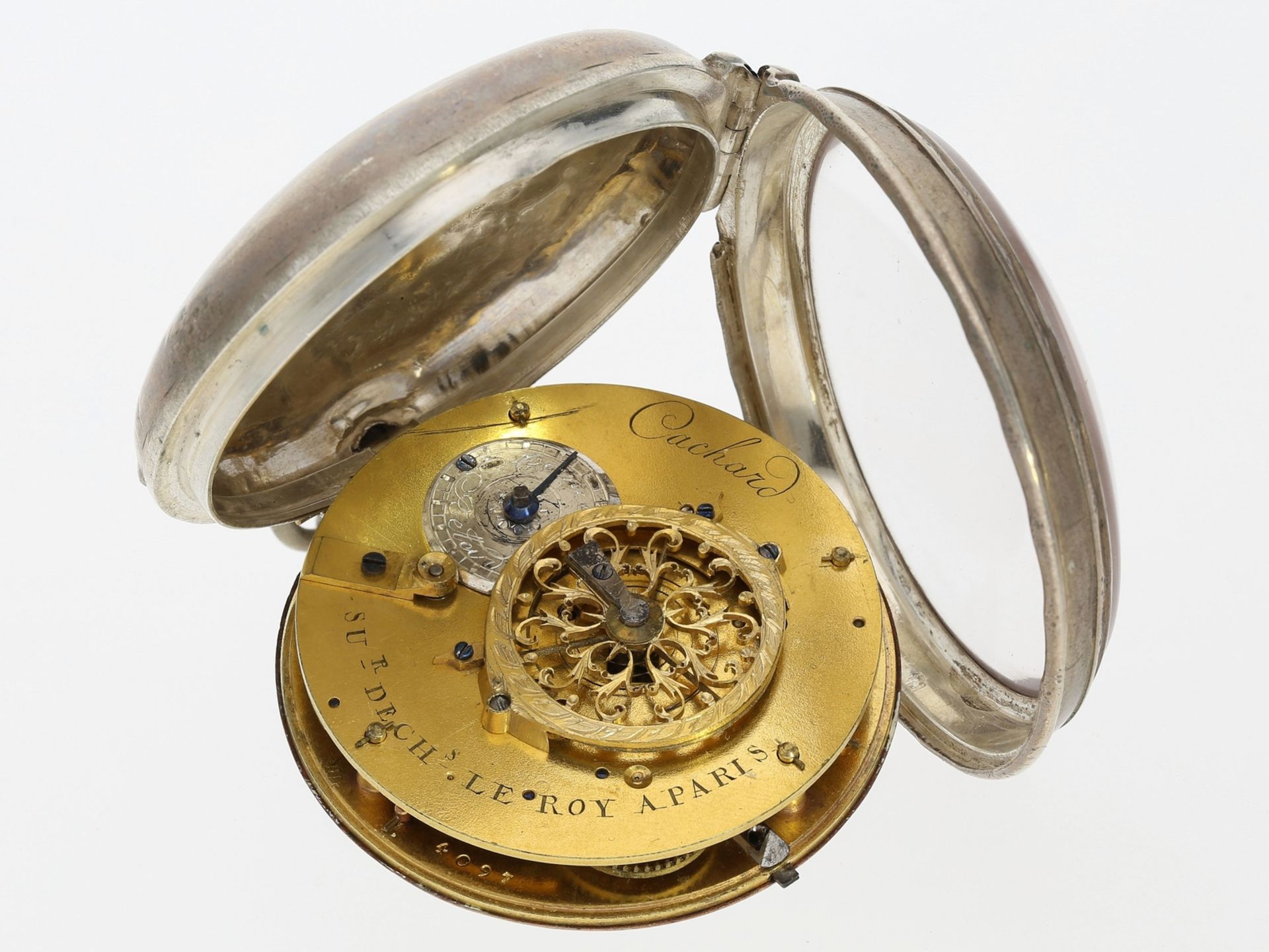 Taschenuhr: frühe französische Spindeluhr mit Zeigerdatum und sehr seltener Signatur, ca. 1800 - Image 4 of 4