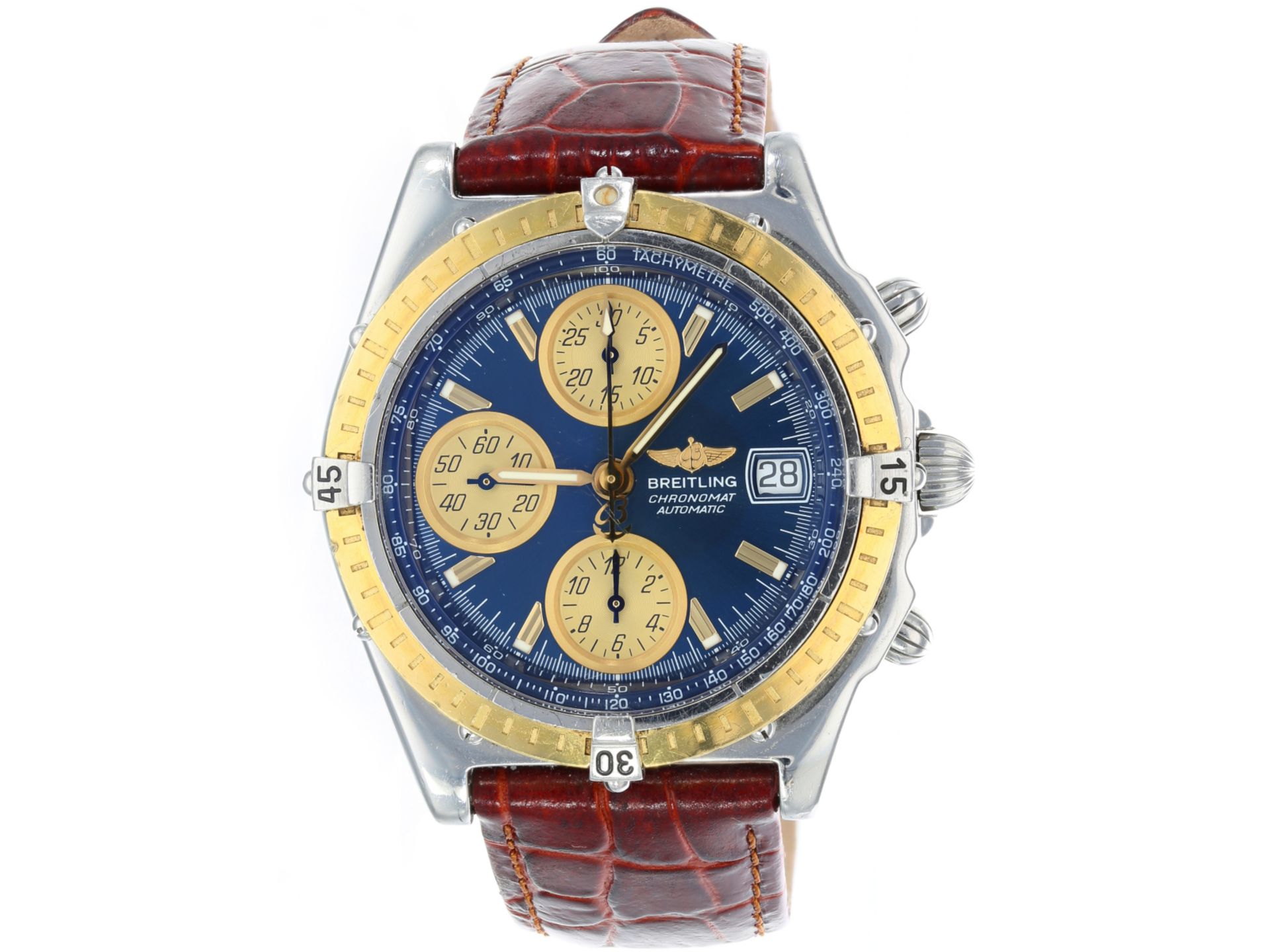 Armbanduhr: sportlicher Breitling Chronograph Referenz B13050.1, Stahl/Gold