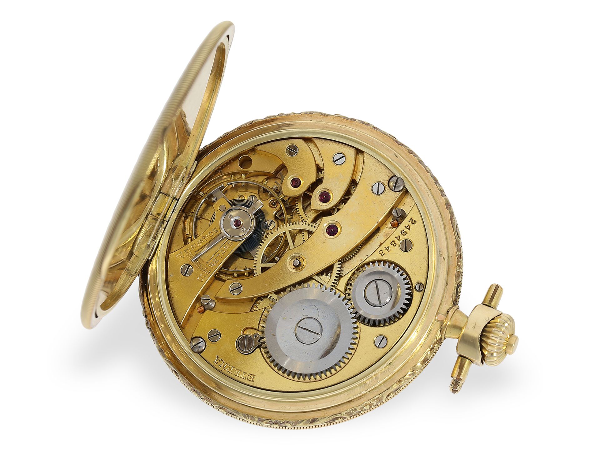 Taschenuhr: Attraktive Art déco Goldsavonnette mit Nadelstreifen-Dekor, Chronometre Eterna, ca.1930: - Bild 2 aus 7