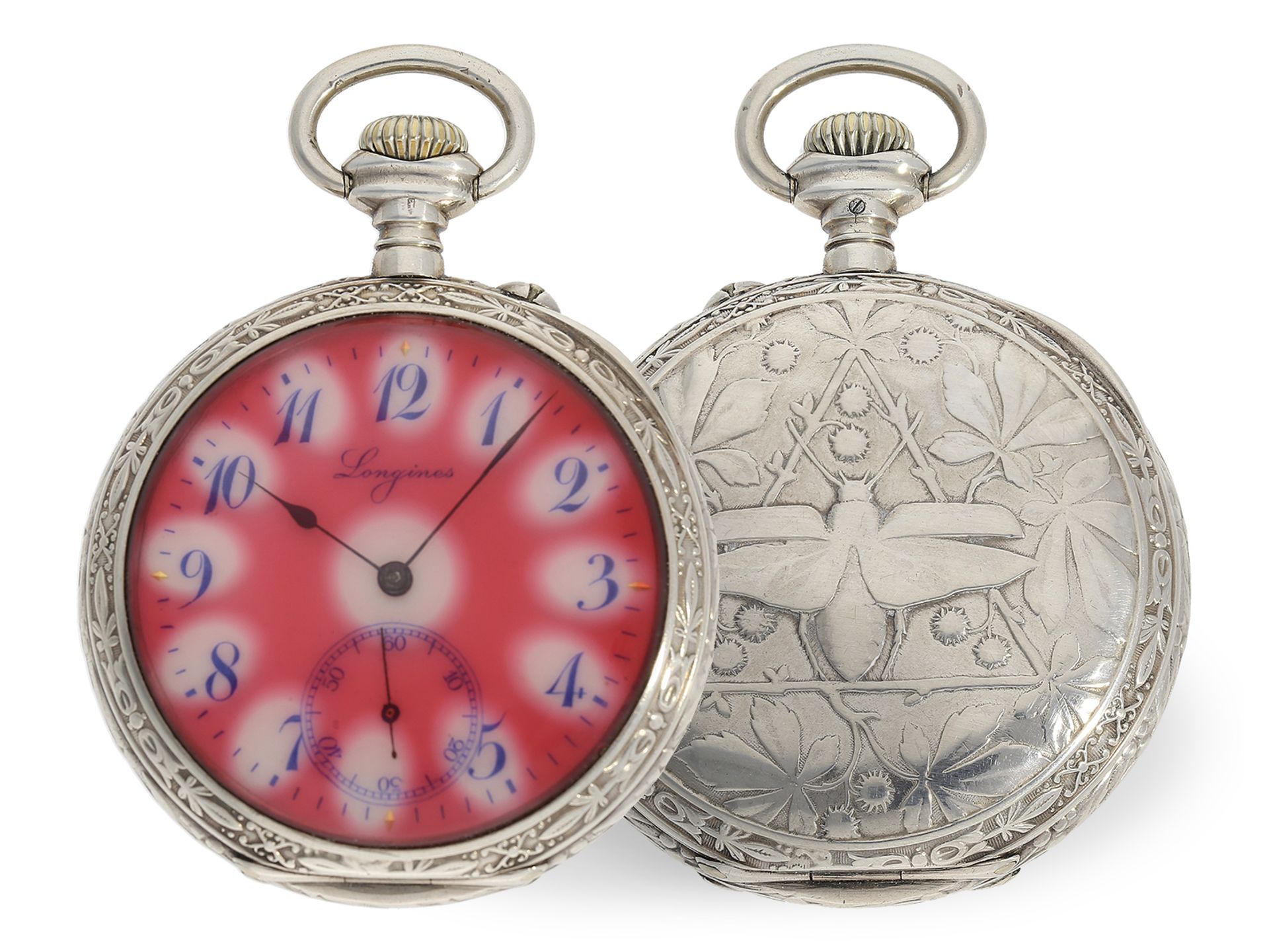 Extrem seltene Jugendstil-Relief Taschenuhr von Longines, ca.1910