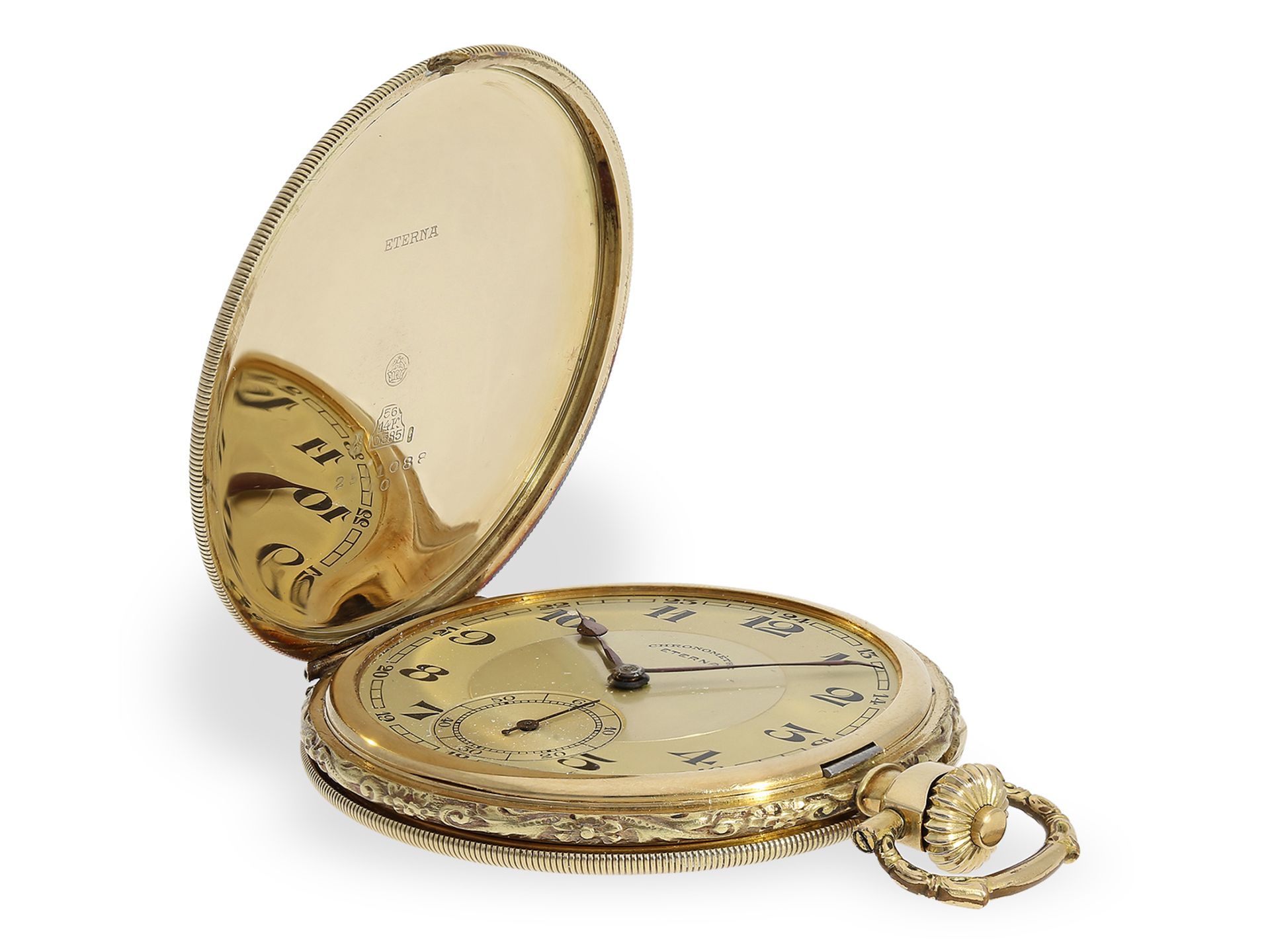 Taschenuhr: Attraktive Art déco Goldsavonnette mit Nadelstreifen-Dekor, Chronometre Eterna, ca.1930: - Bild 5 aus 7