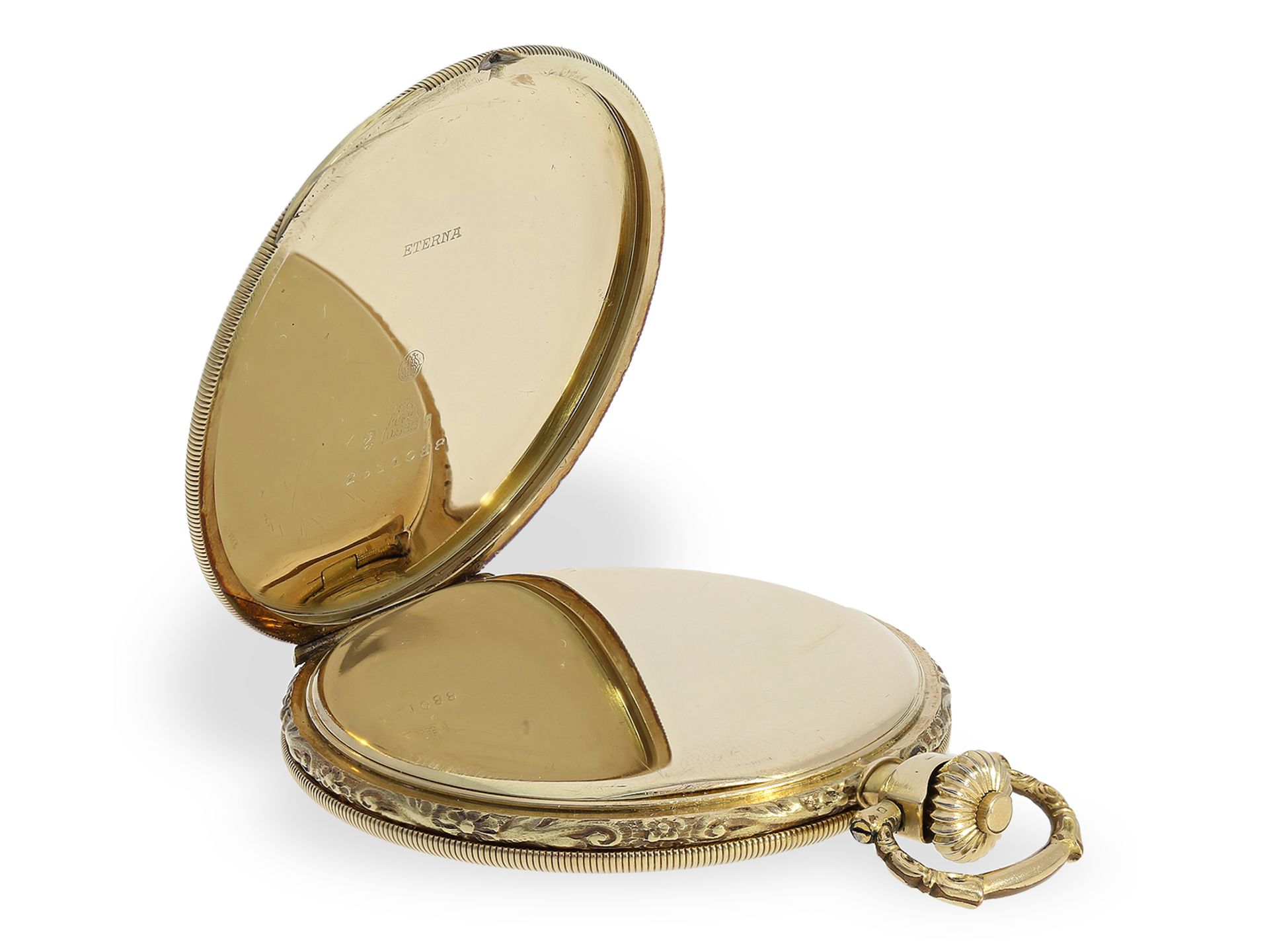 Taschenuhr: Attraktive Art déco Goldsavonnette mit Nadelstreifen-Dekor, Chronometre Eterna, ca.1930: - Bild 3 aus 7