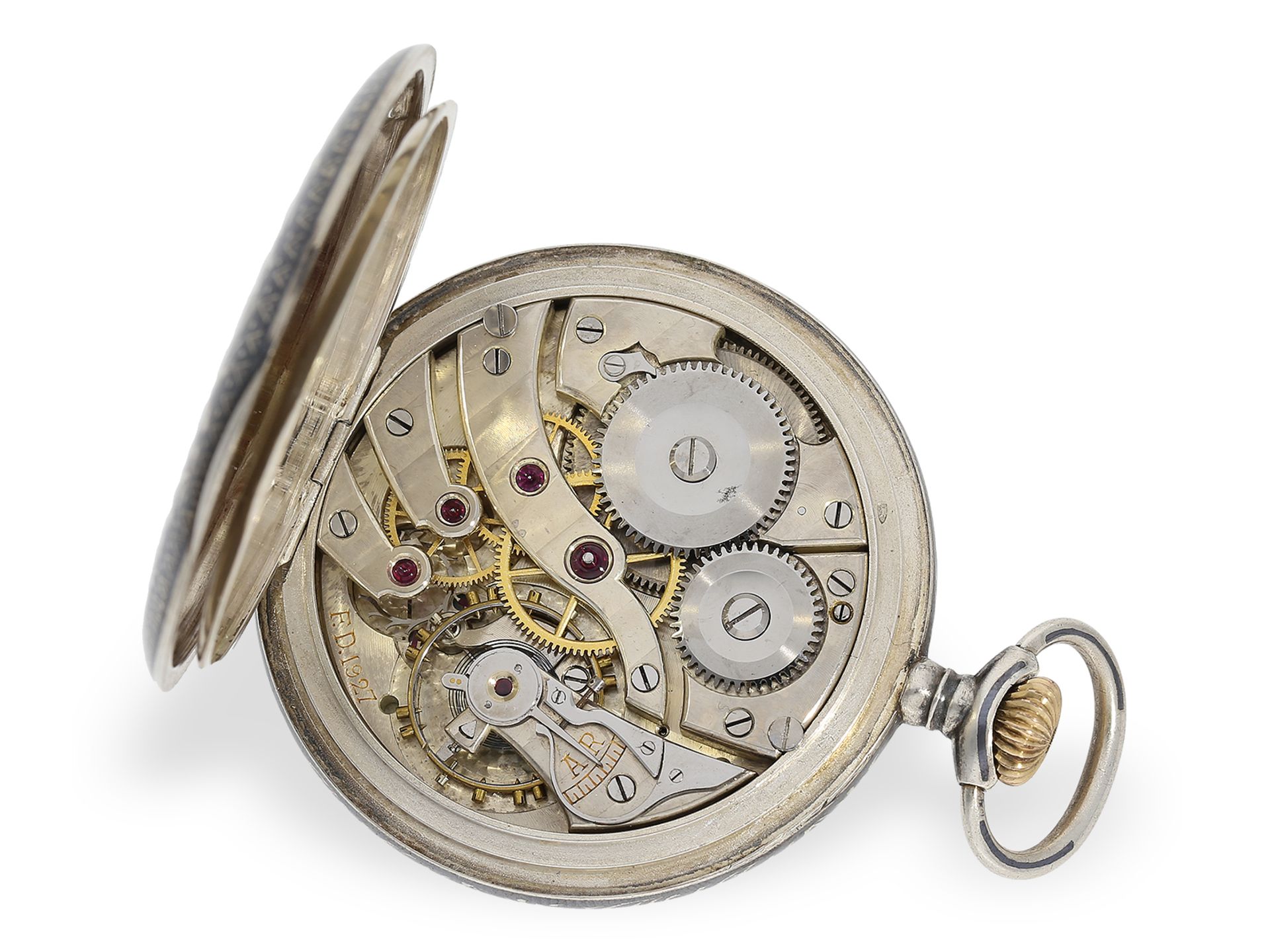 Rare precision pocket watch with niello case, probably apprentice watch, plate engraved F.D. 1927 - Image 2 of 5