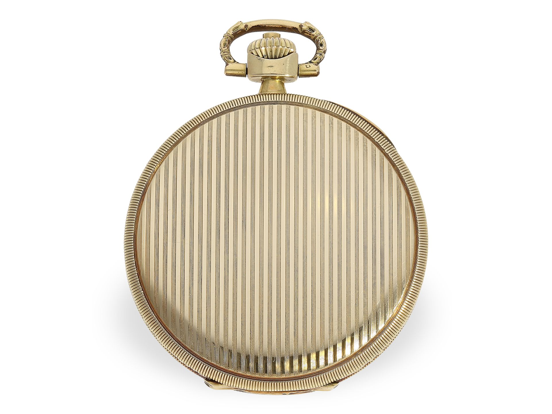Taschenuhr: Attraktive Art déco Goldsavonnette mit Nadelstreifen-Dekor, Chronometre Eterna, ca.1930: - Bild 7 aus 7
