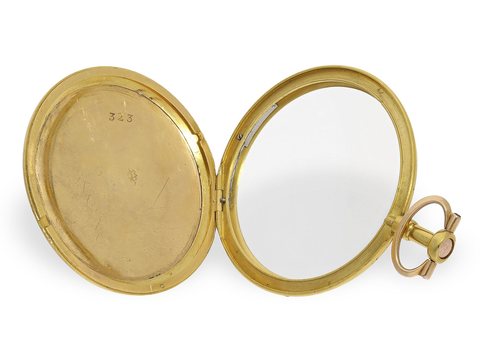 Exquisite, ultraflache Gold/Emaille-Taschenuhr mit Komma-Hemmung und feinster Paillon-Emaille, König - Bild 6 aus 7