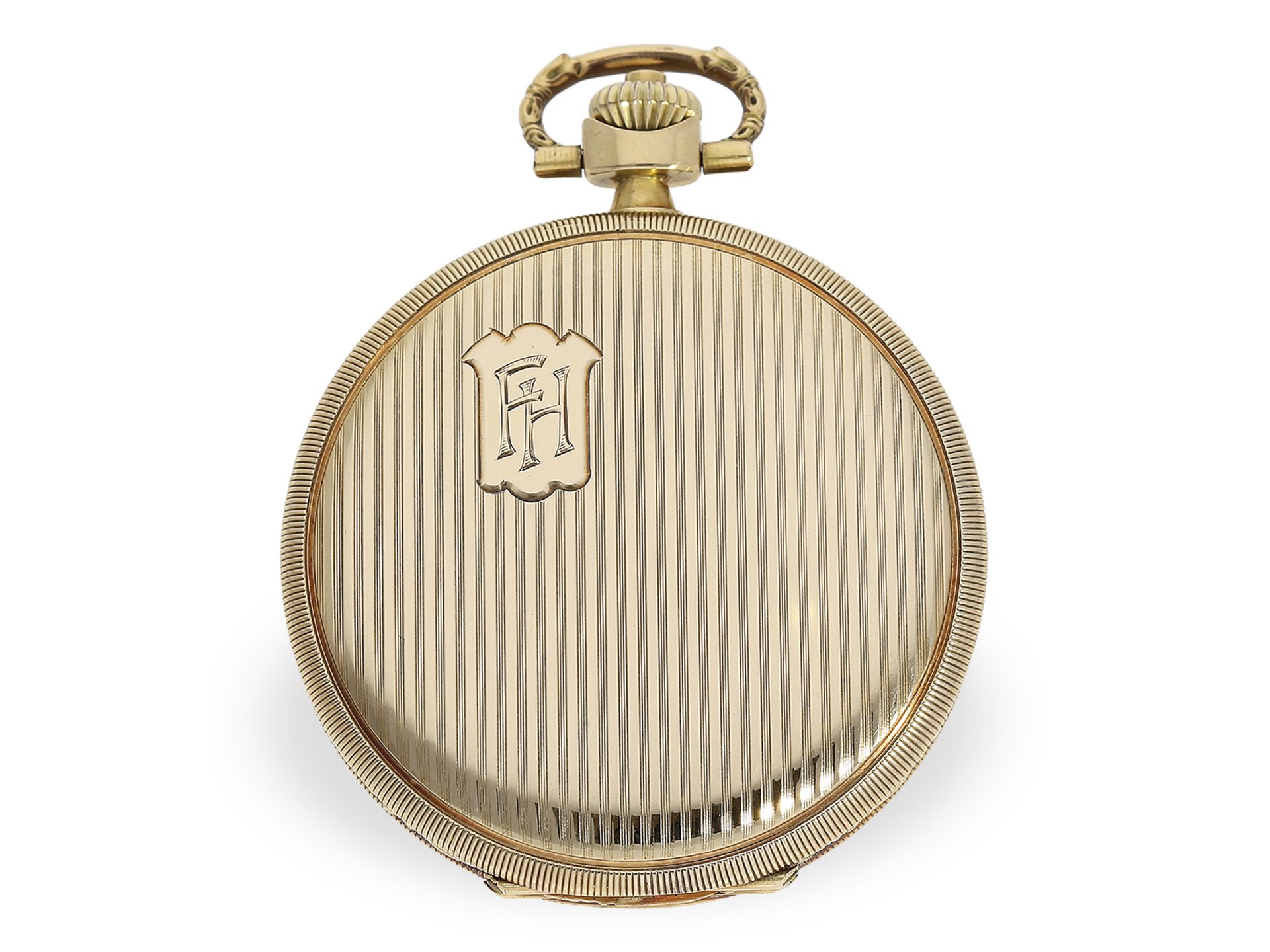 Taschenuhr: Attraktive Art déco Goldsavonnette mit Nadelstreifen-Dekor, Chronometre Eterna, ca.1930: - Bild 6 aus 7