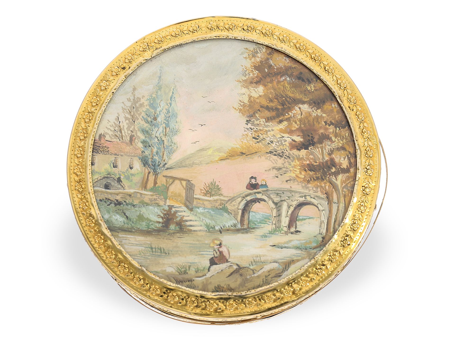 Unique antique snuff box, gold/ivory/tortoiseshell, painting "Circus Spectacle with Rise of a Balloo - Image 2 of 5