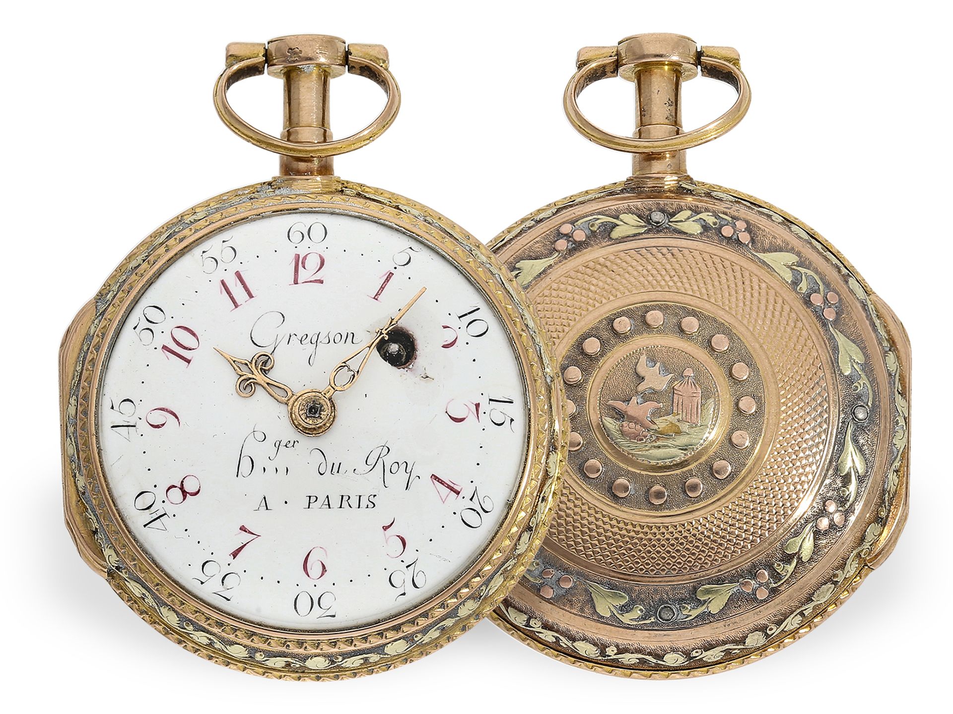 Ausgesprochen schöne, frühe 3-Farben-Zylinderuhr, Taschenuhr vom königlichen Uhrmacher Gregson Paris