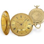 Flache 18K Taschenuhr, Goldsavonnette mit sehr schöner Gehäusegravur, Motta Geneve um 1840