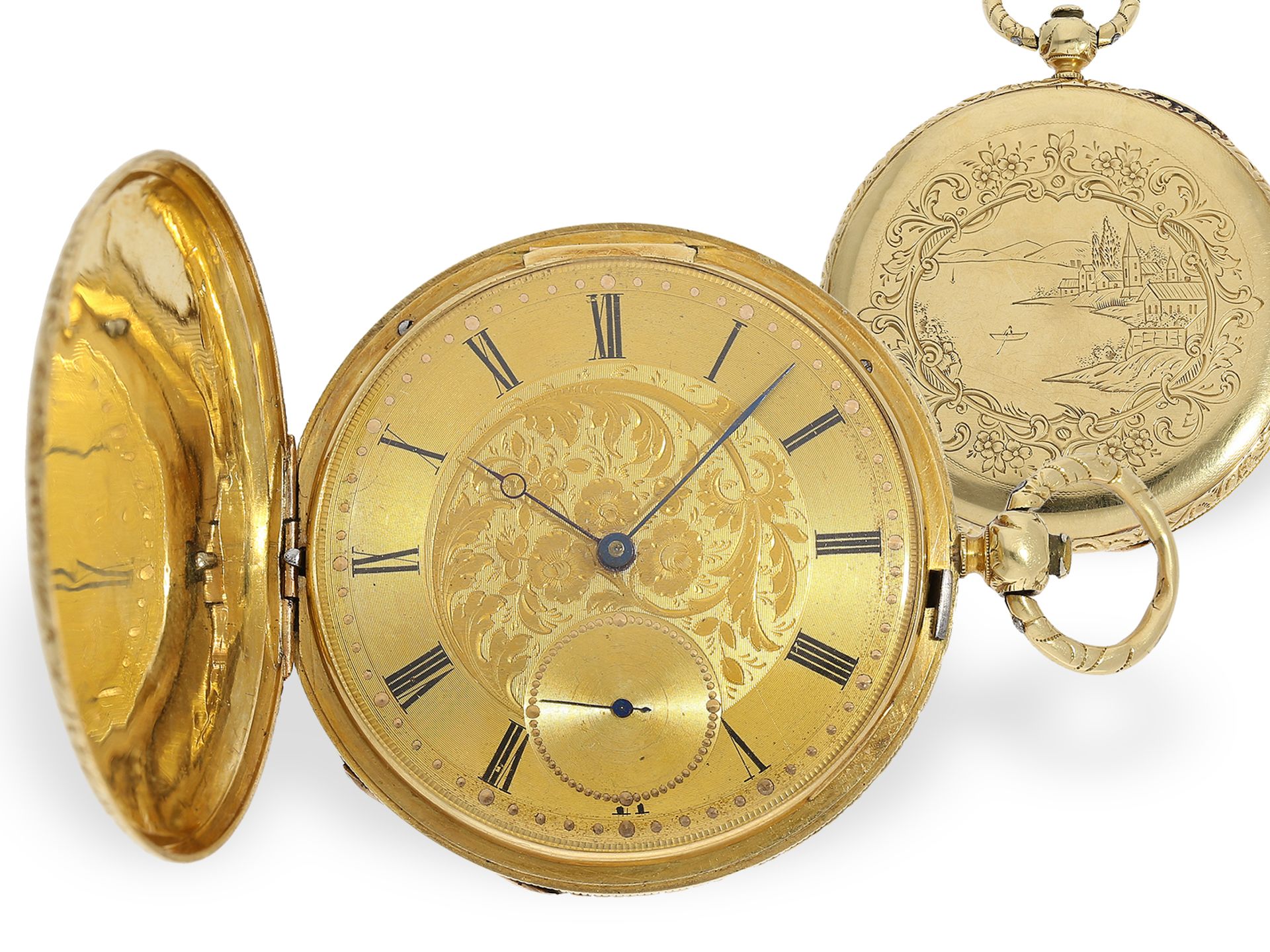 Flache 18K Taschenuhr, Goldsavonnette mit sehr schöner Gehäusegravur, Motta Geneve um 1840